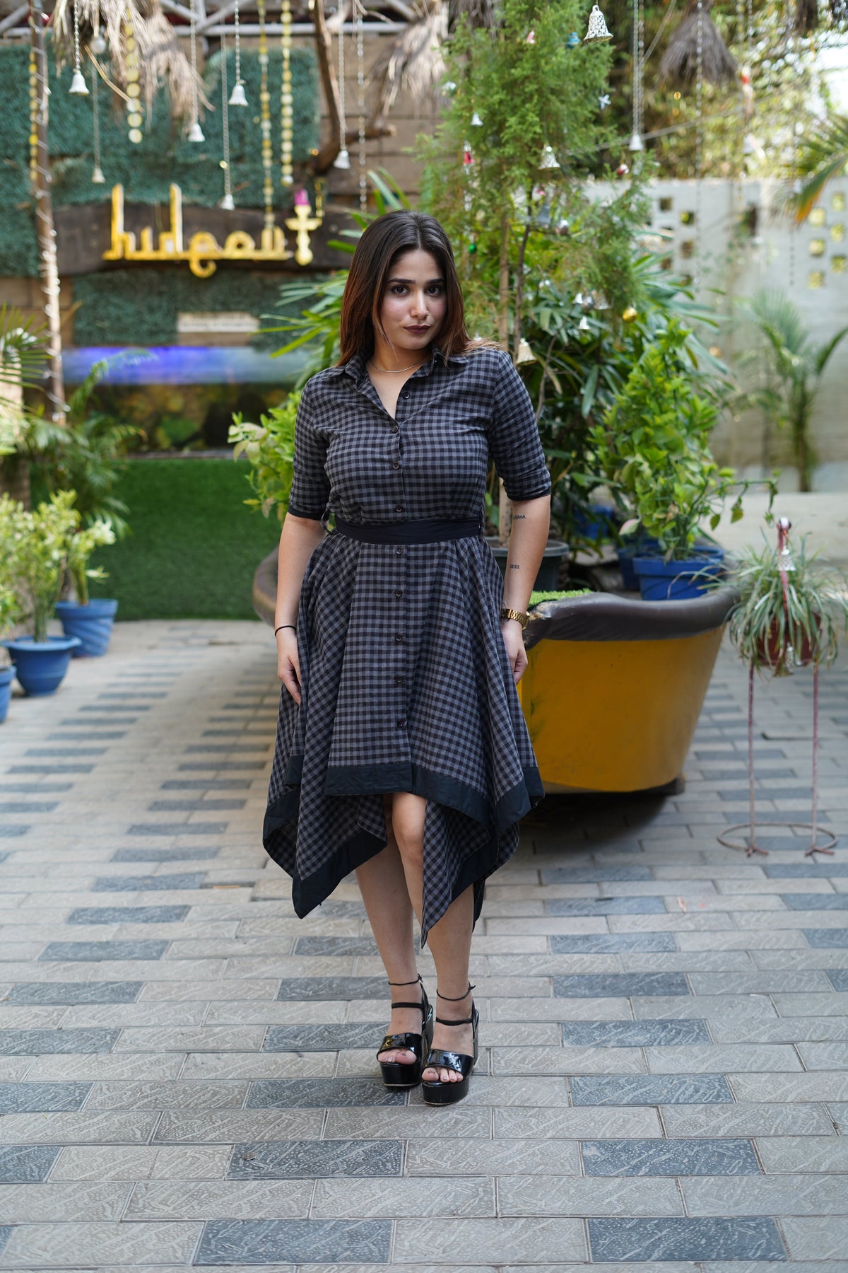 Checked Cotton Shirt Collar Dress