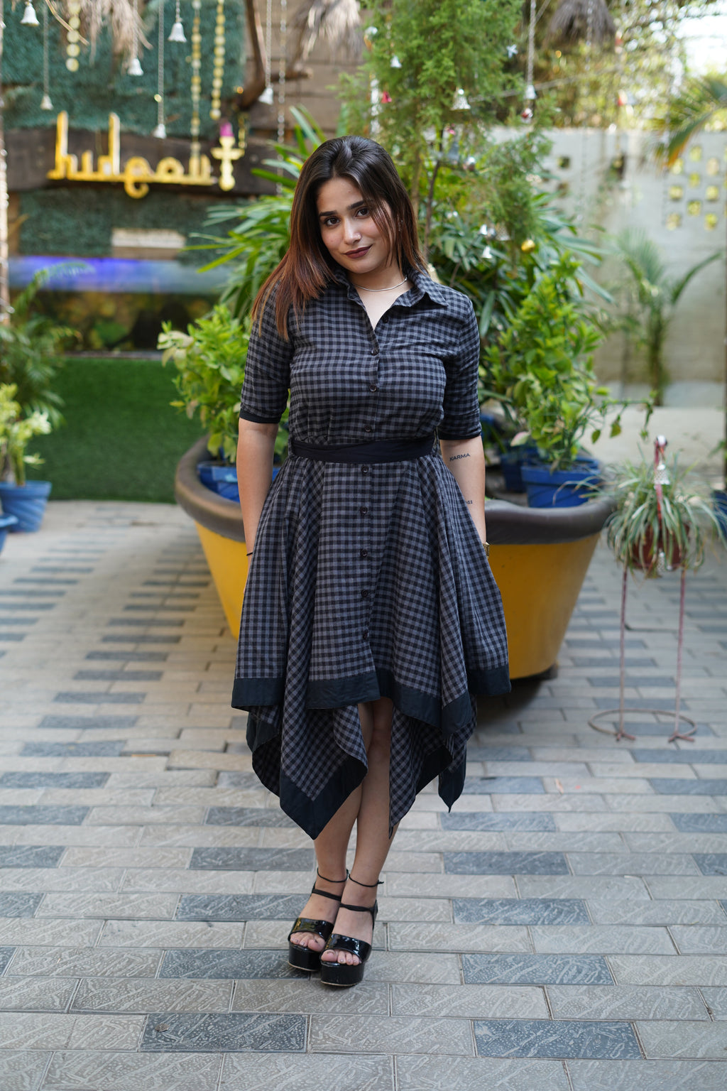 Checked Cotton Shirt Collar Dress