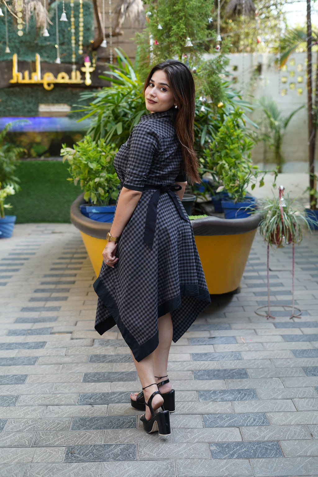Checked Cotton Shirt Collar Dress