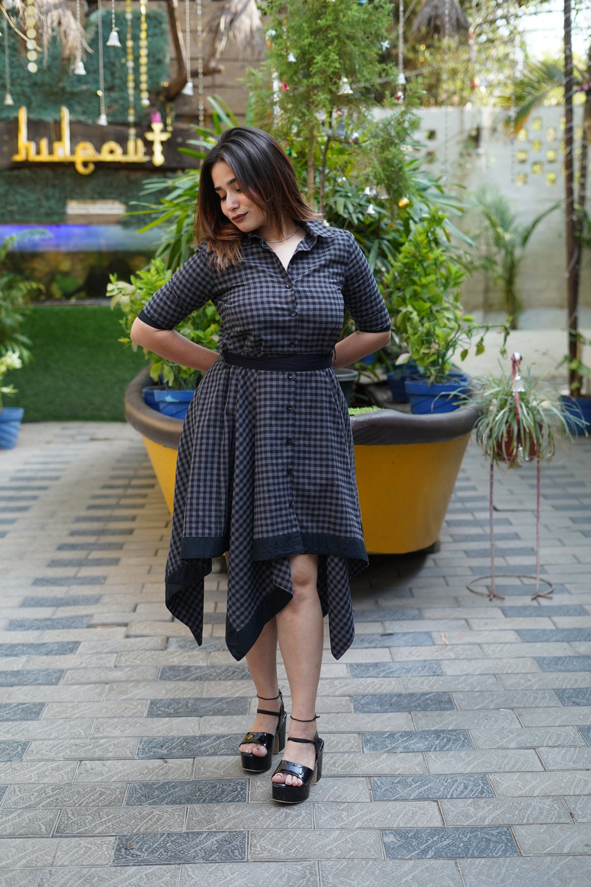 Checked Cotton Shirt Collar Dress