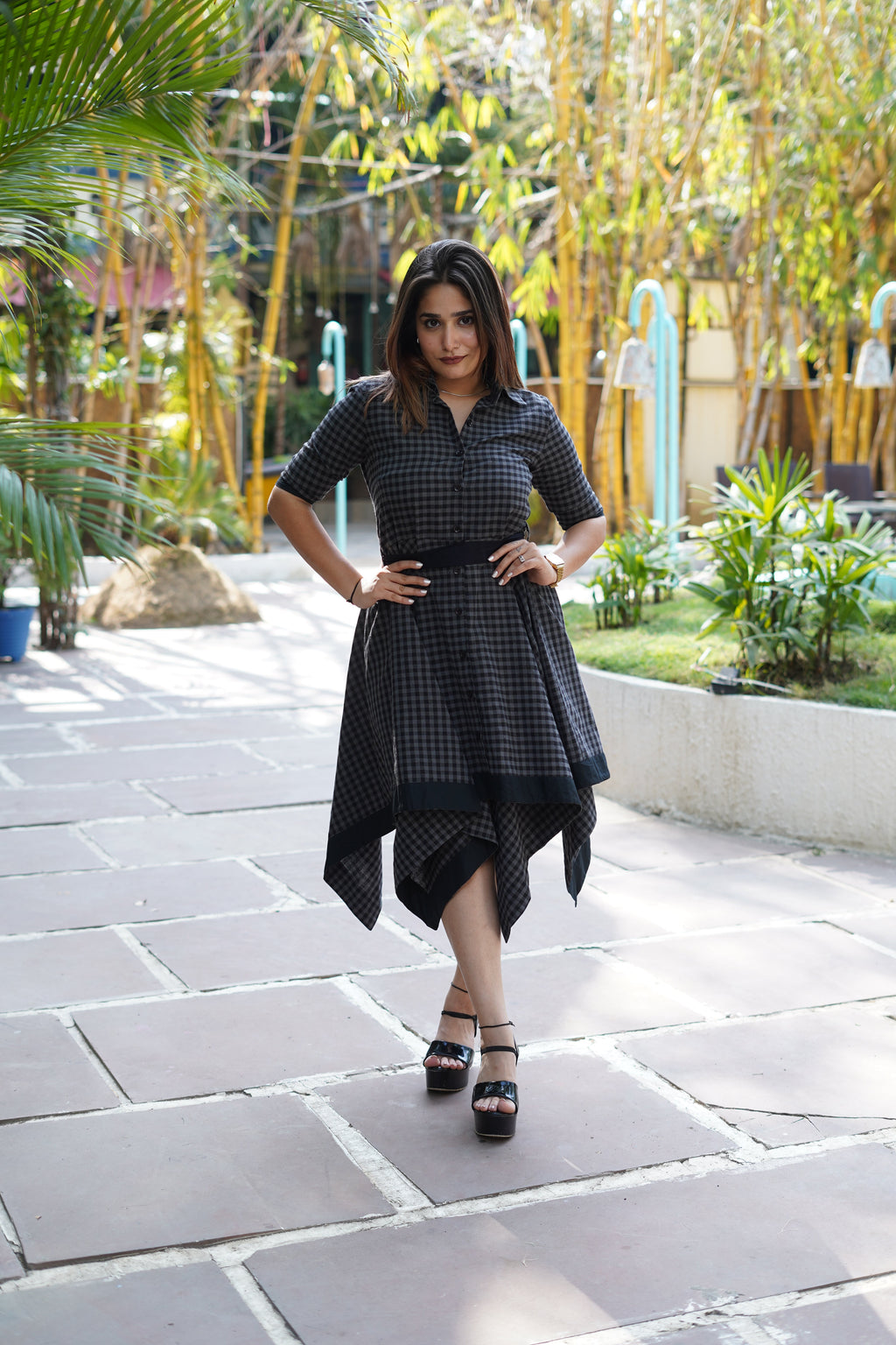 Checked Cotton Shirt Collar Dress