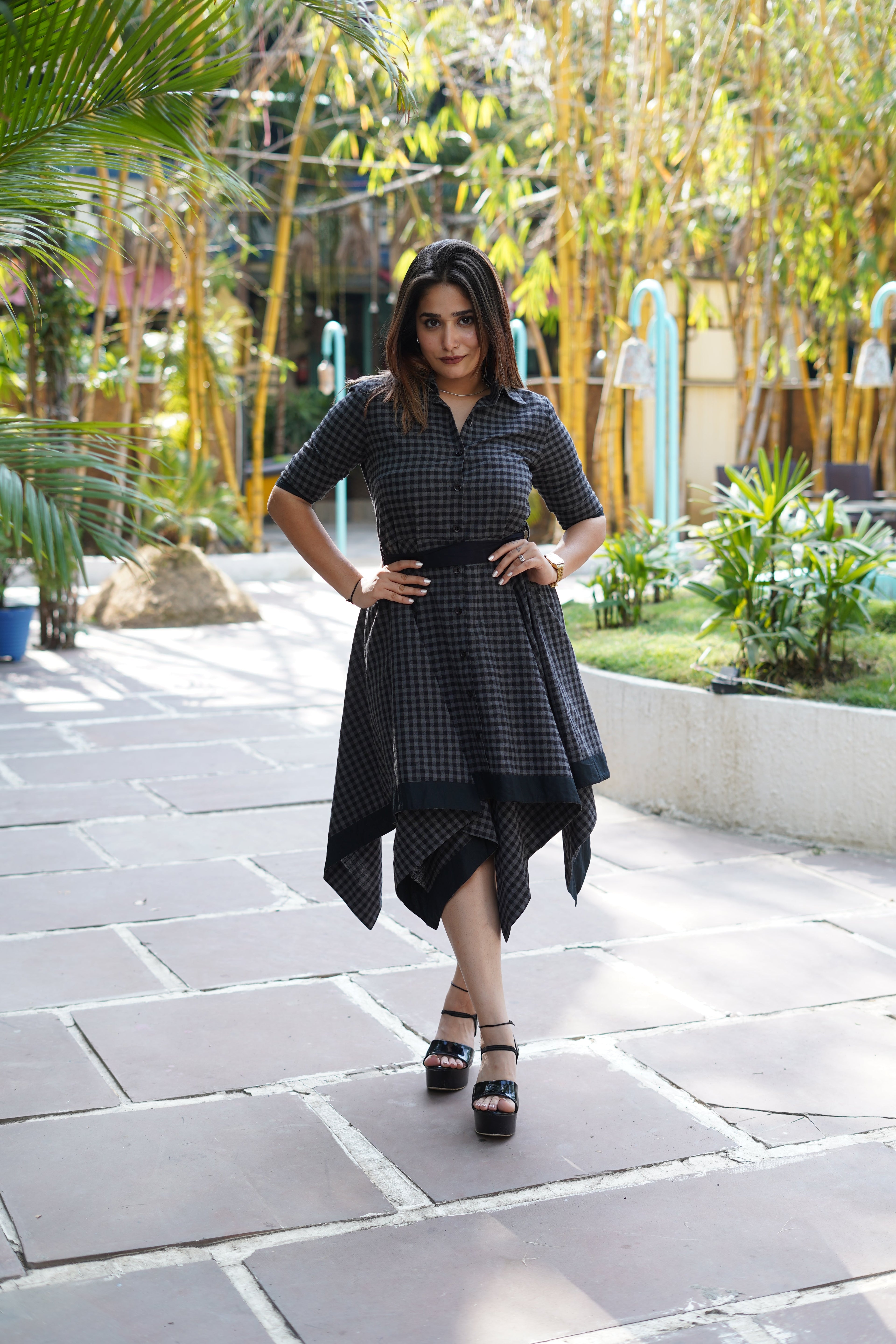 Checked Cotton Shirt Collar Dress