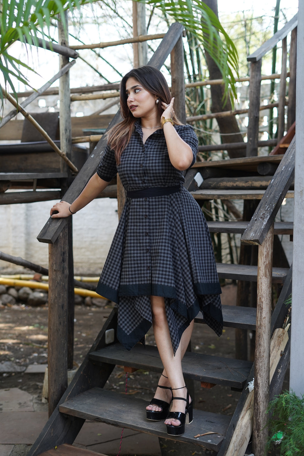 Checked Cotton Shirt Collar Dress