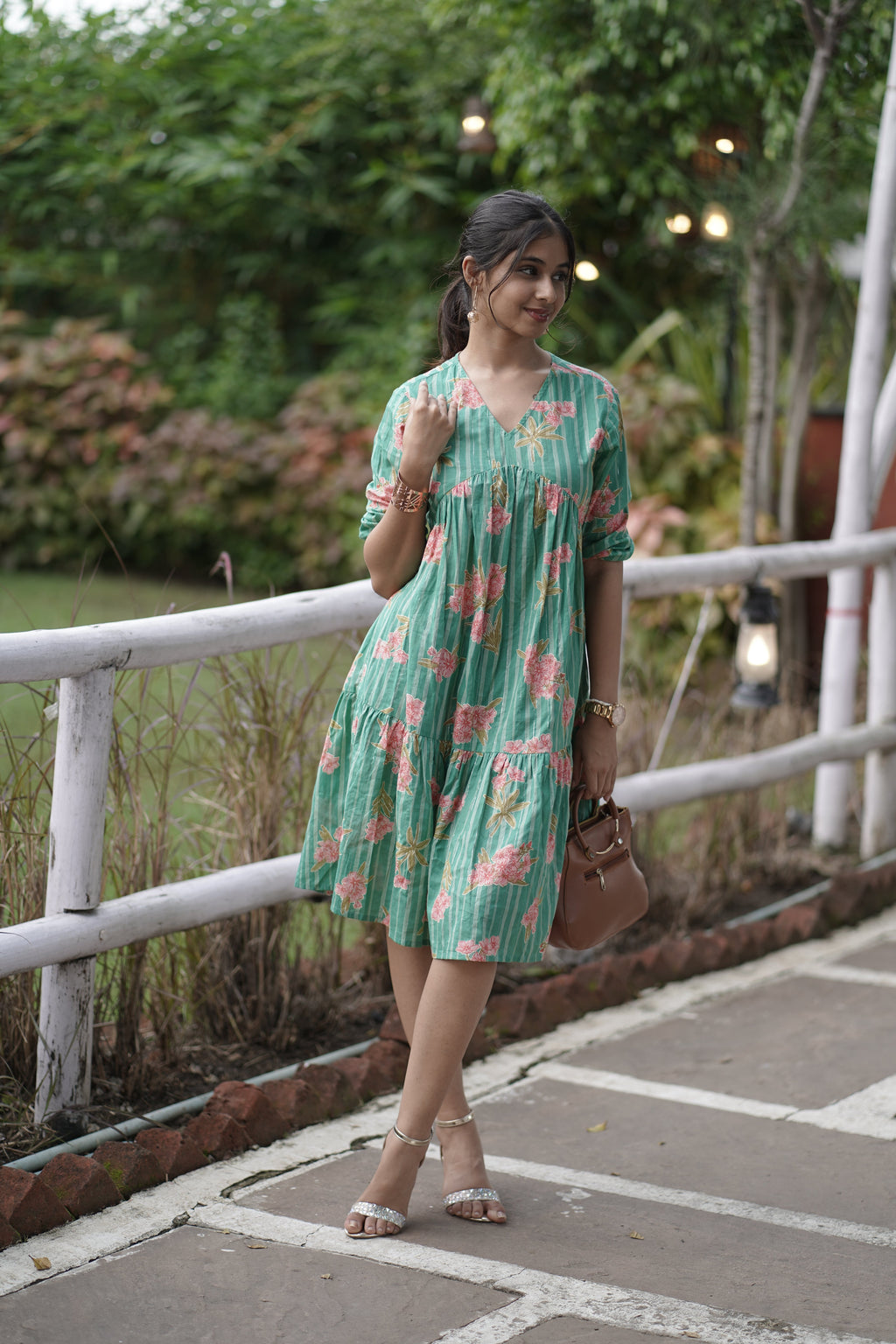 Floral Green Knee-Length Dress