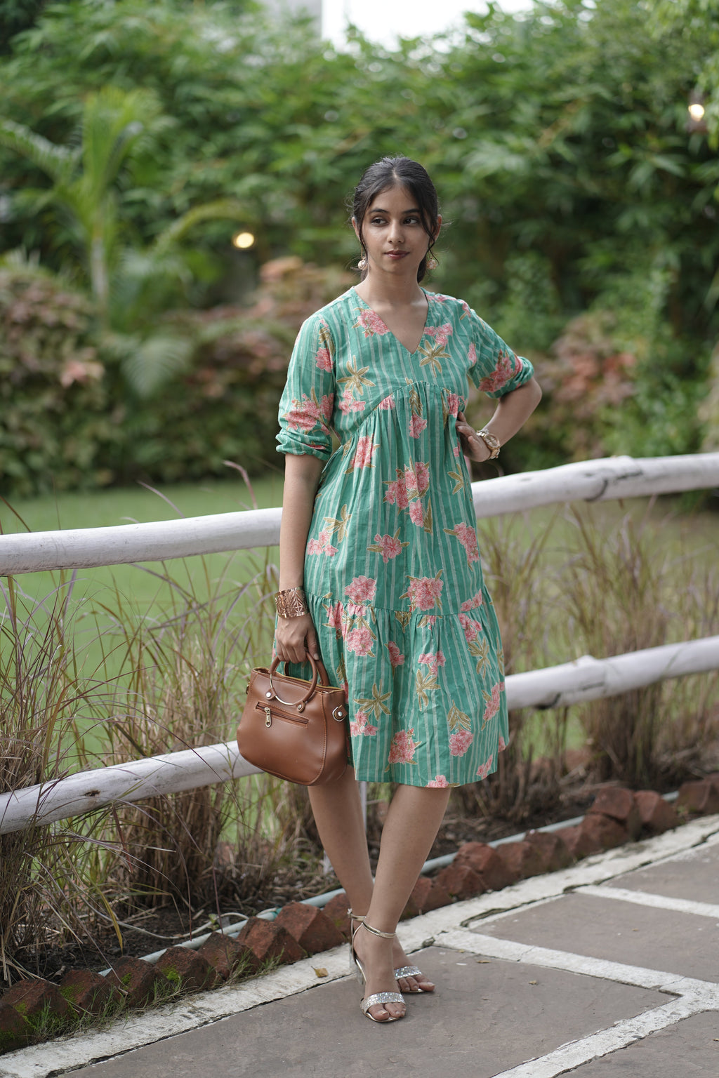 Floral Green Knee-Length Dress