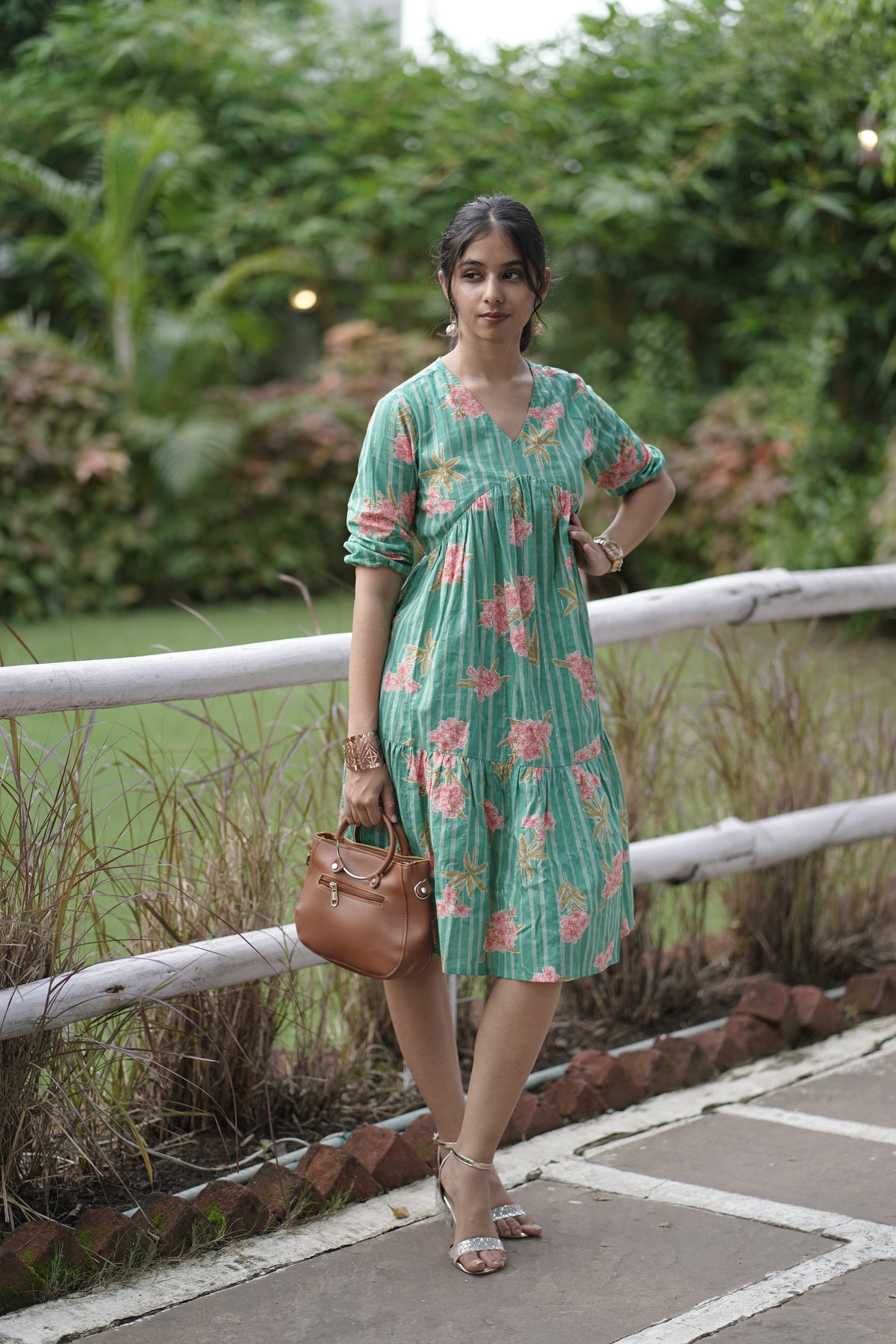 Floral Green Knee-Length Dress