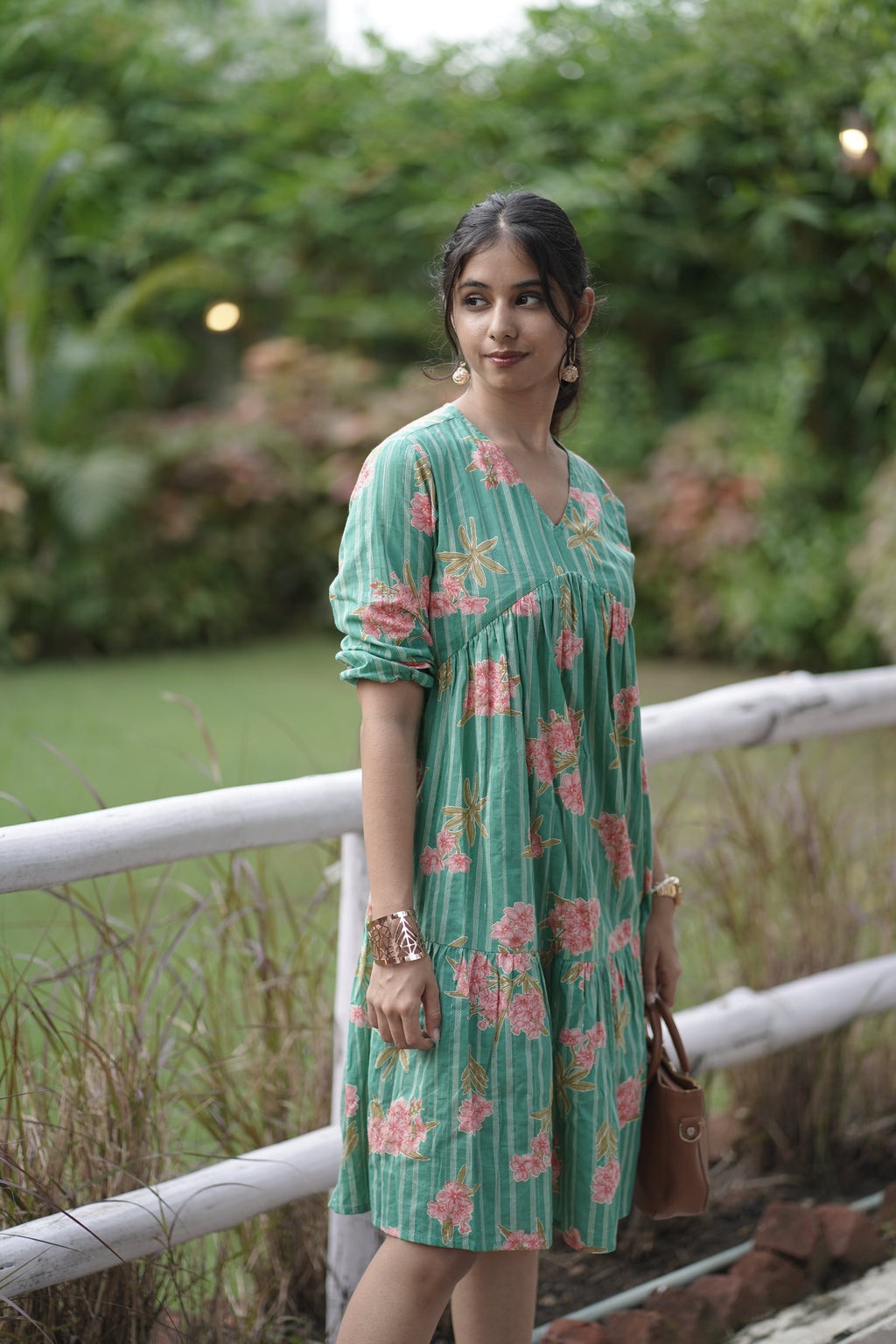 Floral Green Knee-Length Dress