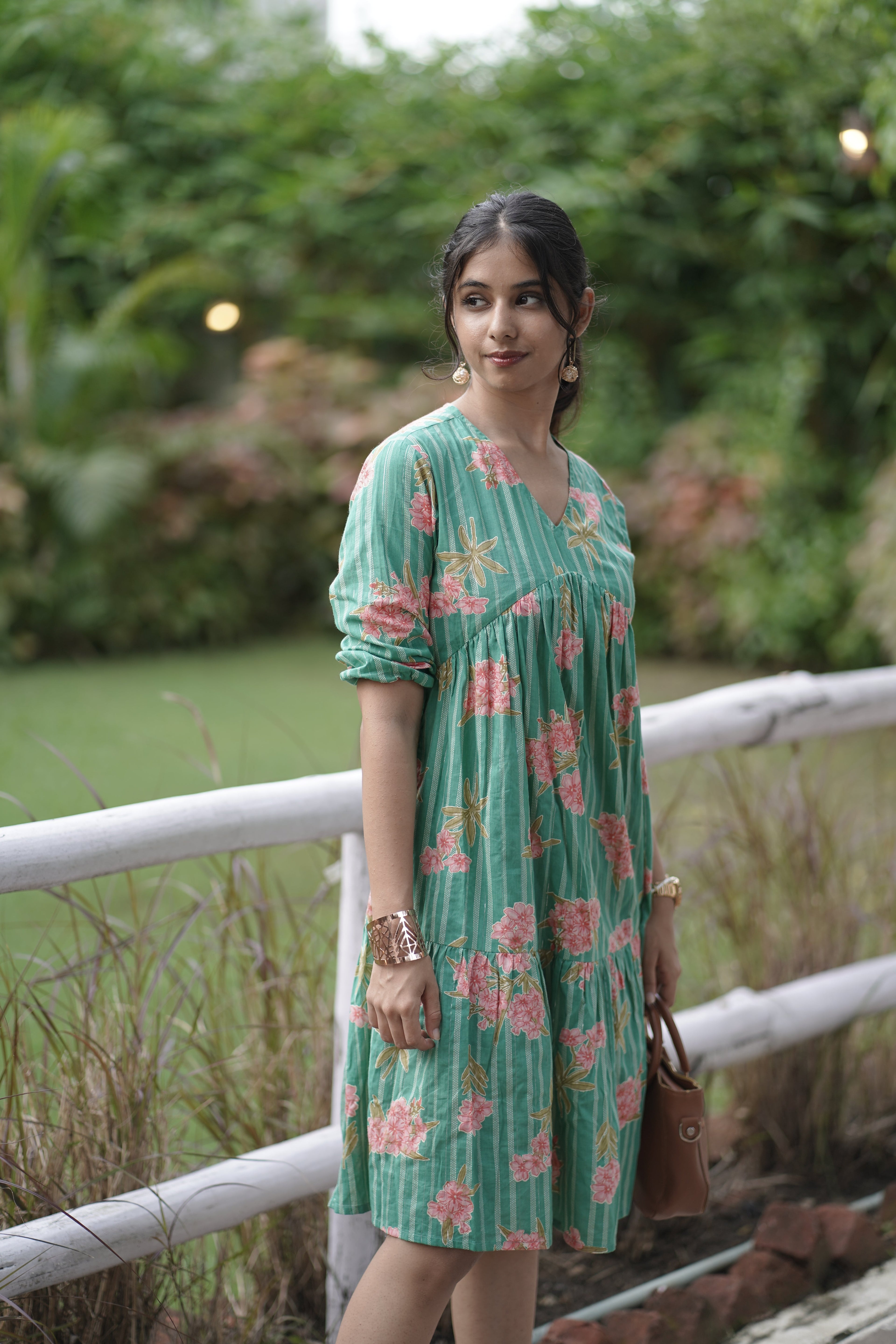Floral Green Knee-Length Dress