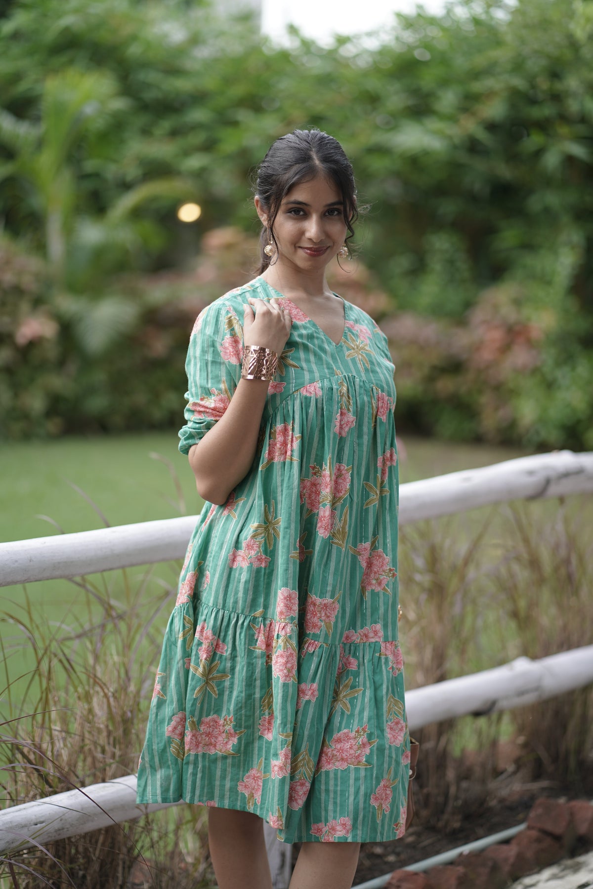 Floral Green Knee-Length Dress