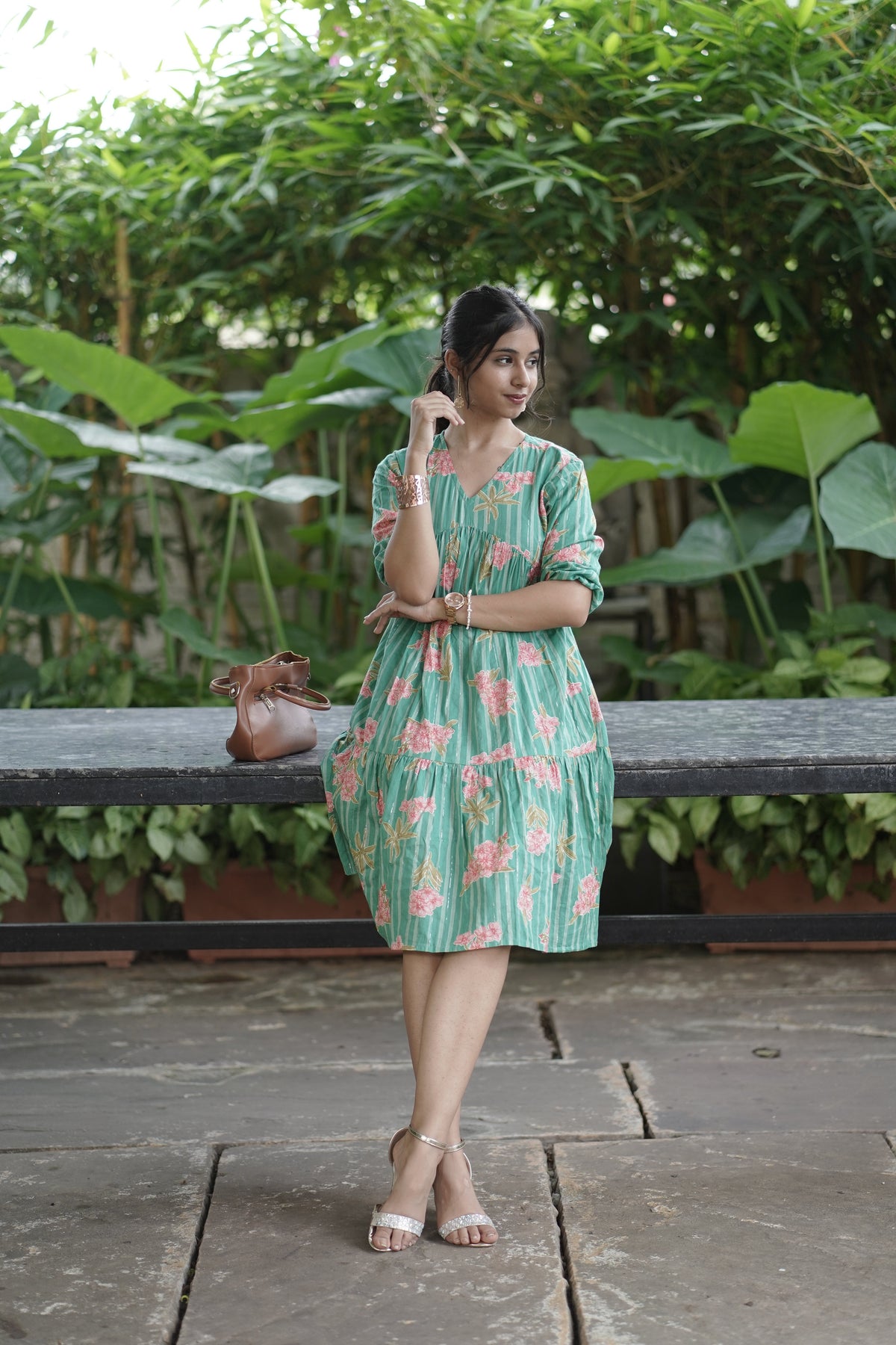 Floral Green Knee-Length Dress