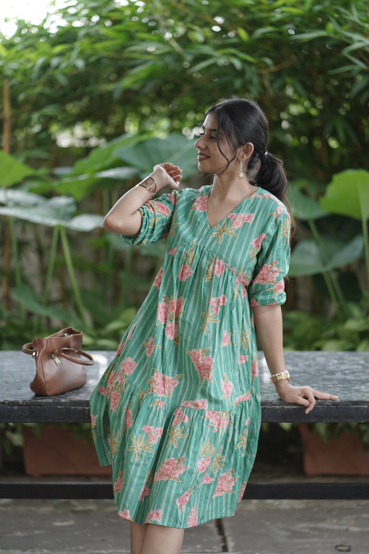 Floral Green Knee-Length Dress
