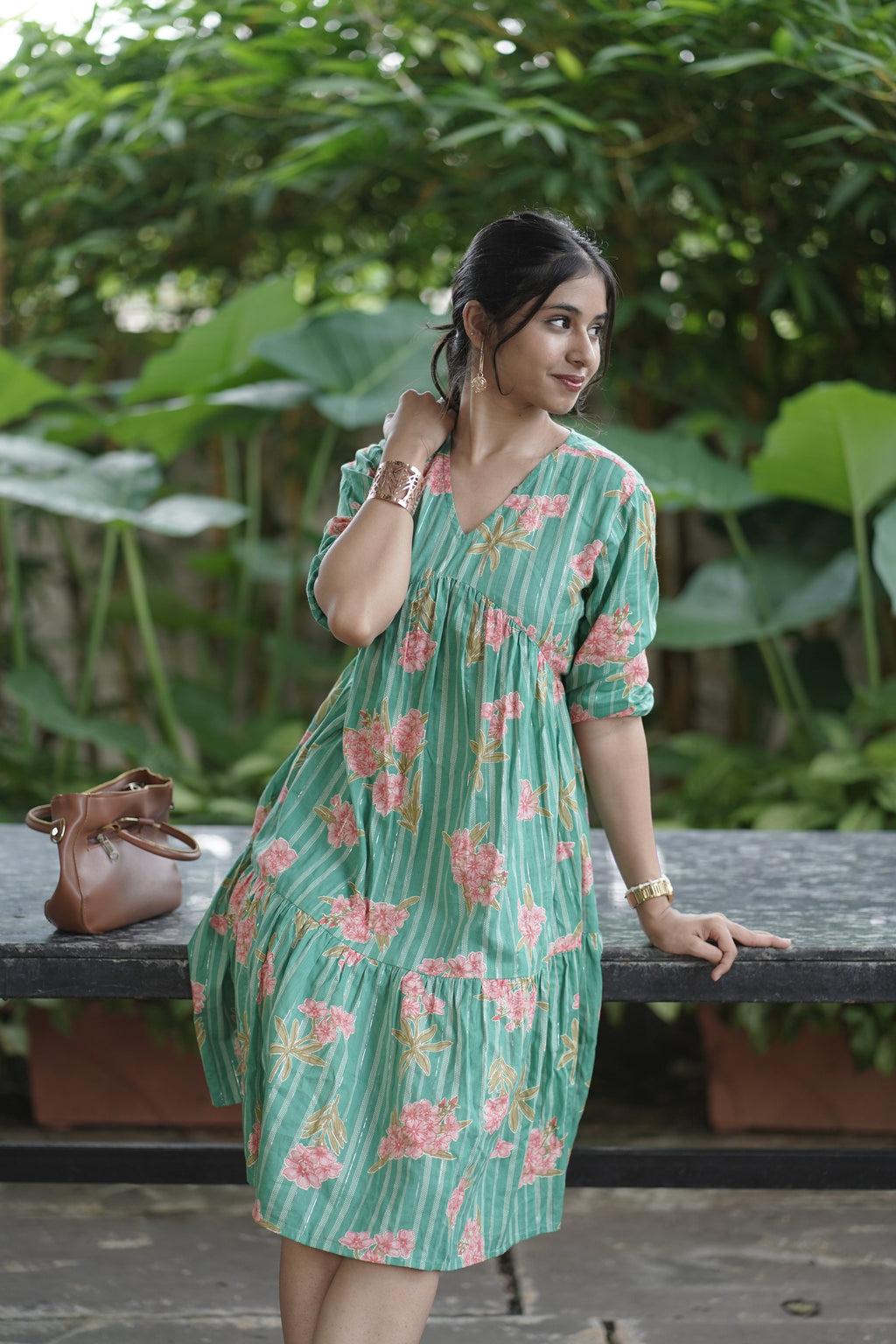 Floral Green Knee-Length Dress