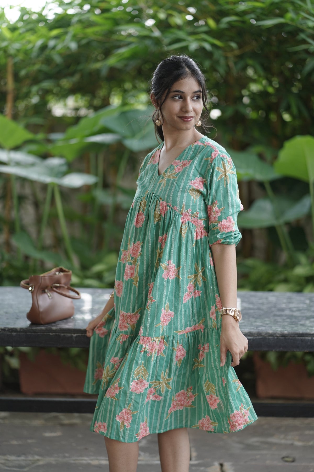 Floral Green Knee-Length Dress