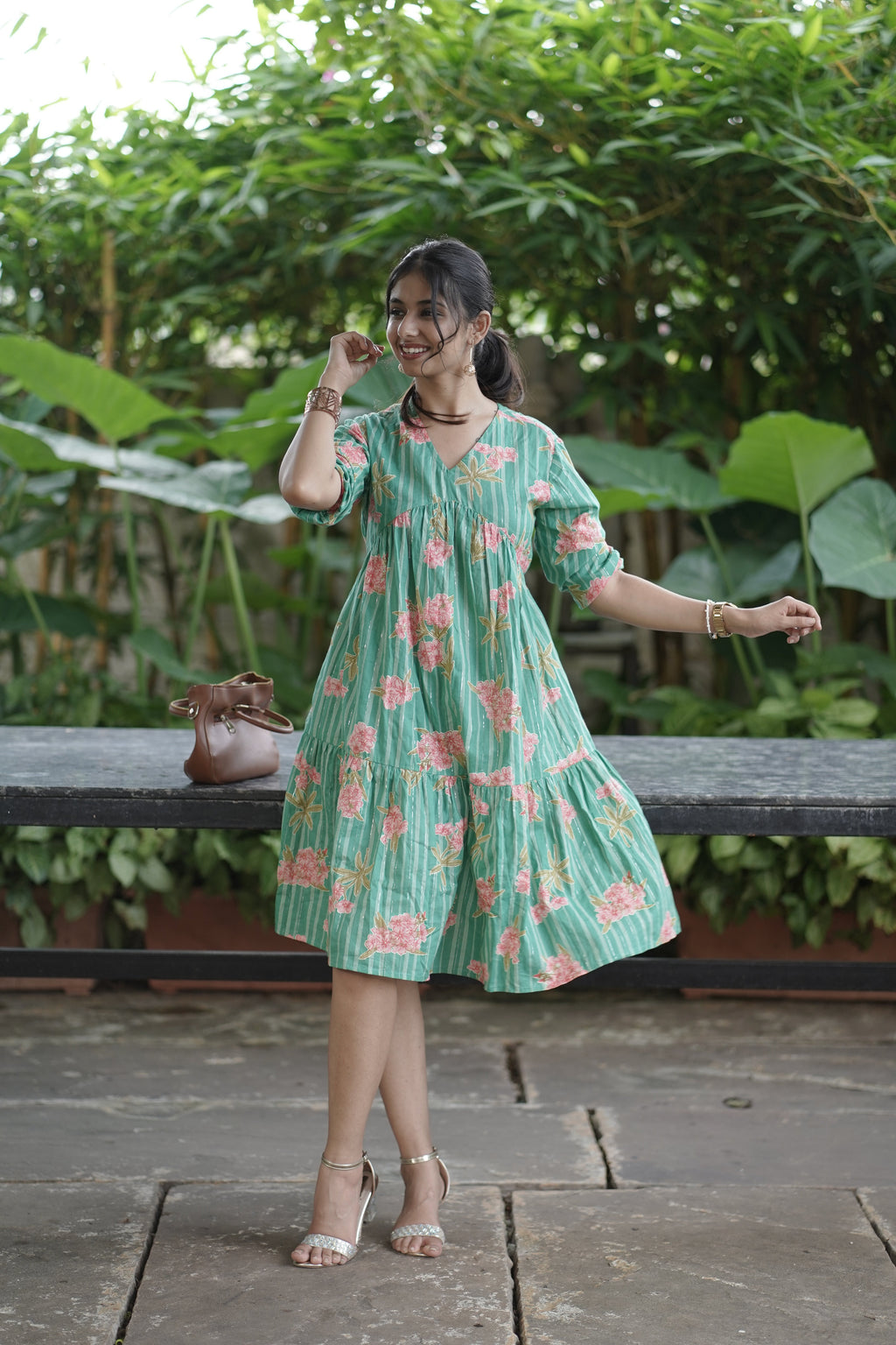 Floral Green Knee-Length Dress