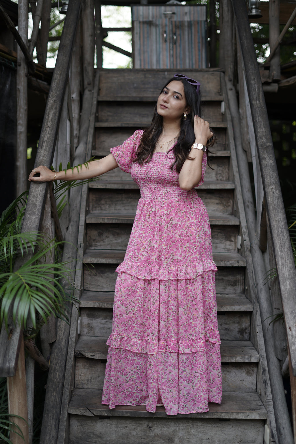 Elegant Floral Print Maxi Dress with Puff Sleeves