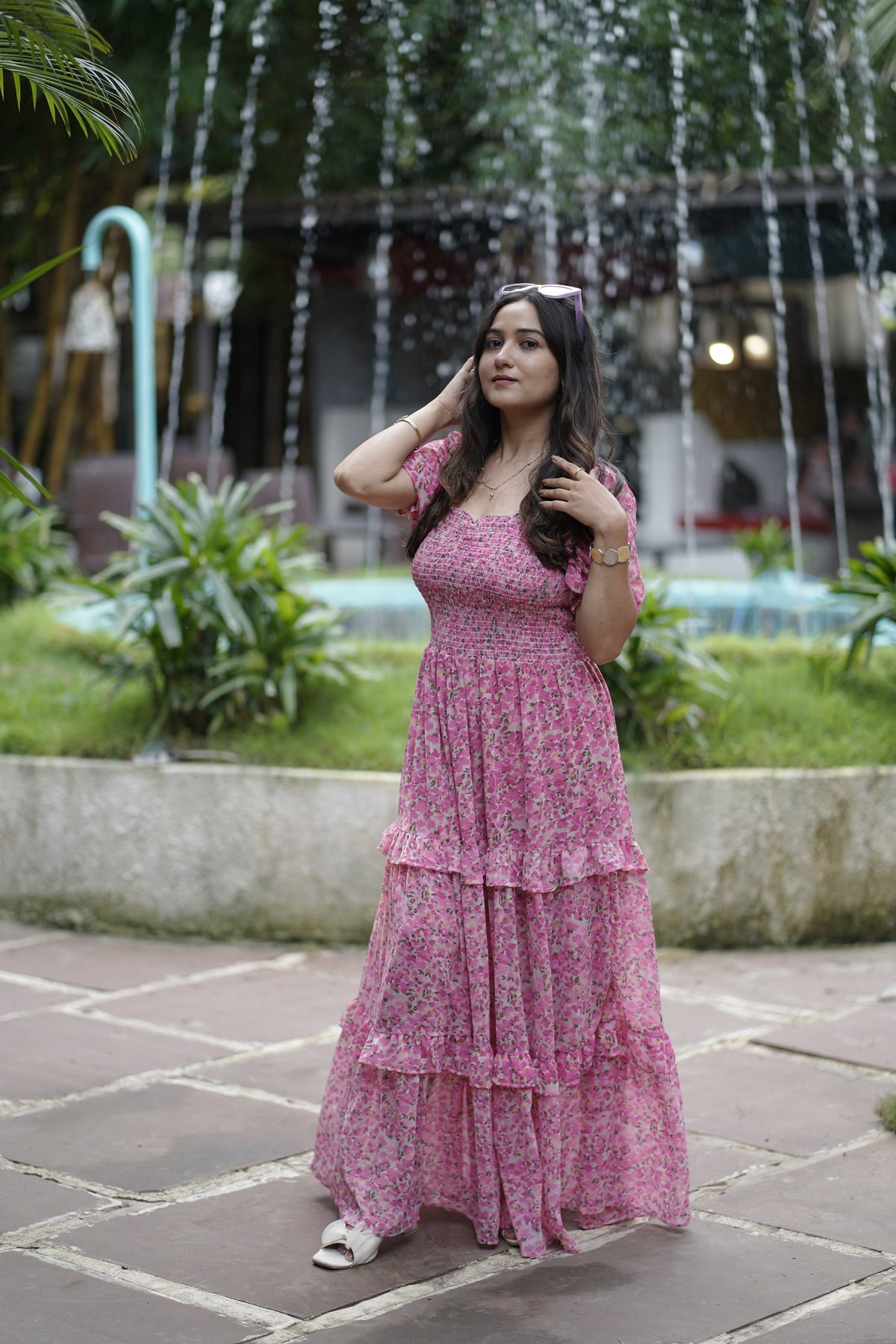 Elegant Floral Print Maxi Dress with Puff Sleeves