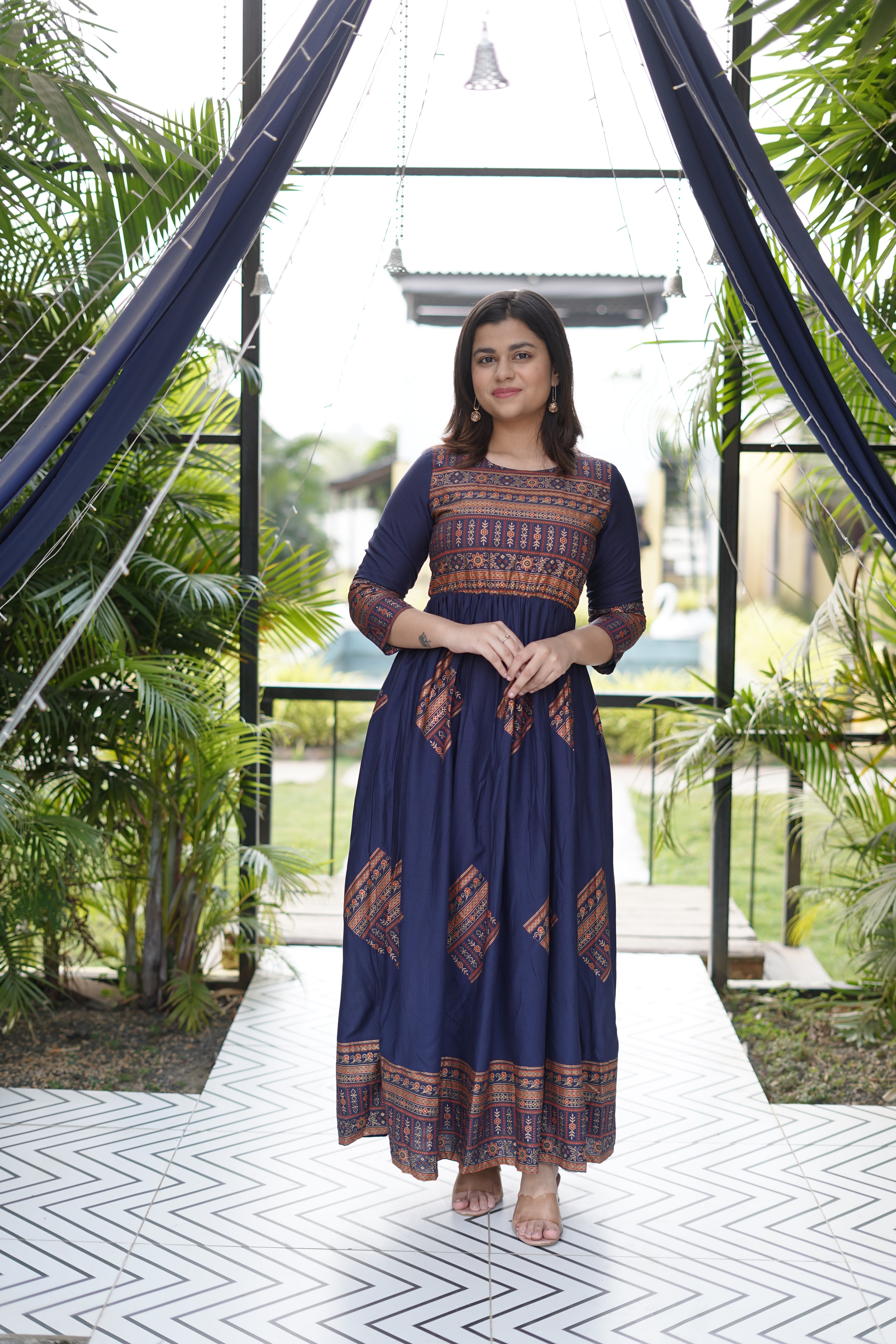 Elegant Gold Printed Blue Maxi Dress
