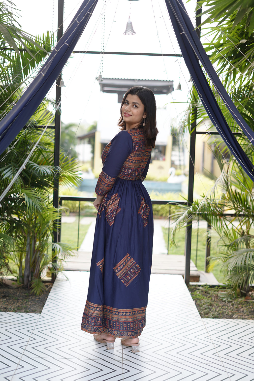 Elegant Gold Printed Blue Maxi Dress