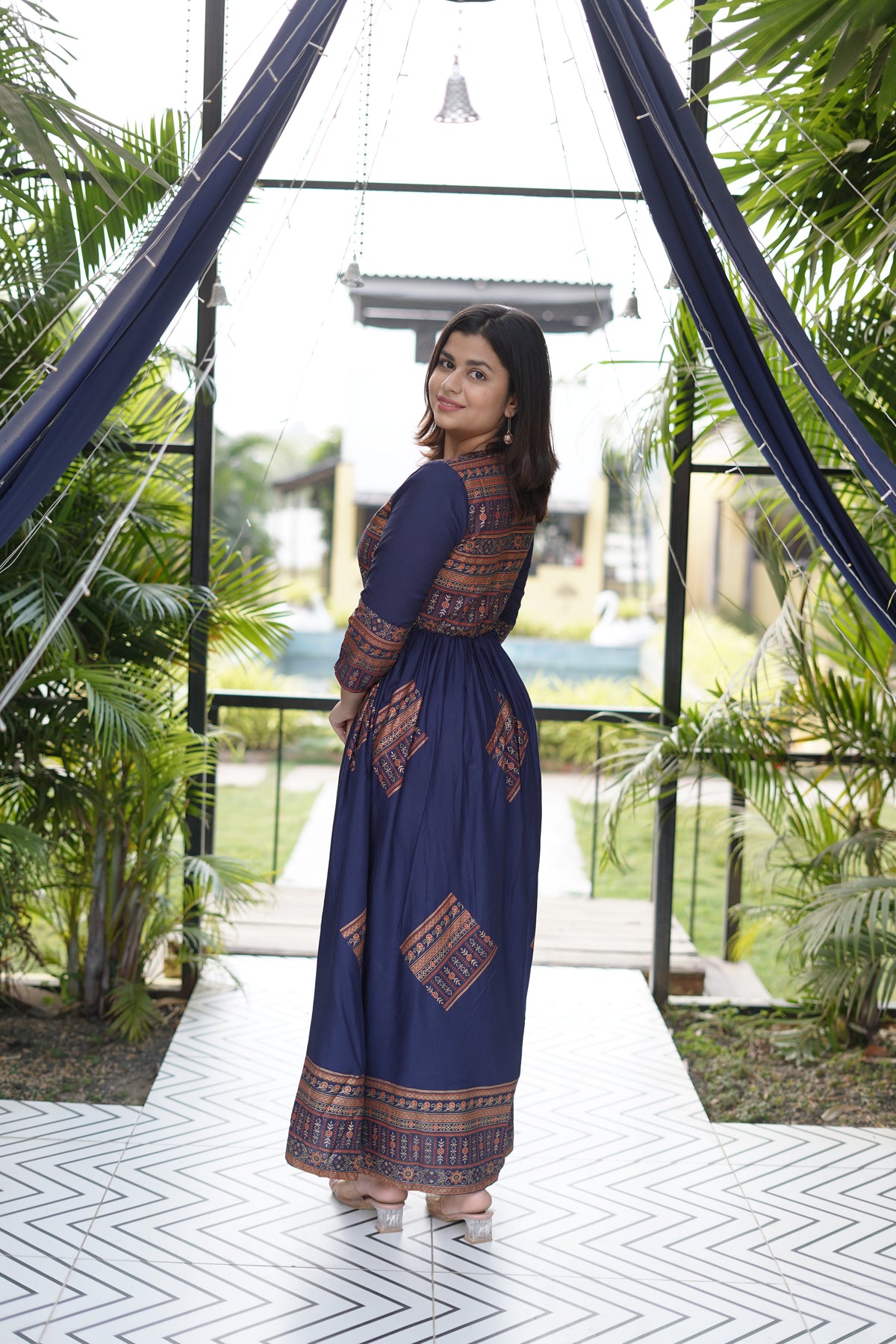 Elegant Gold Printed Blue Maxi Dress