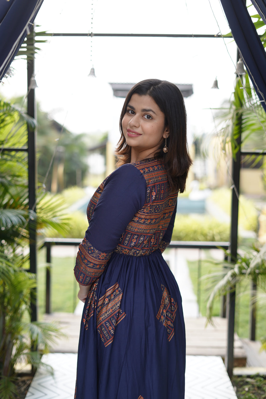 Elegant Gold Printed Blue Maxi Dress