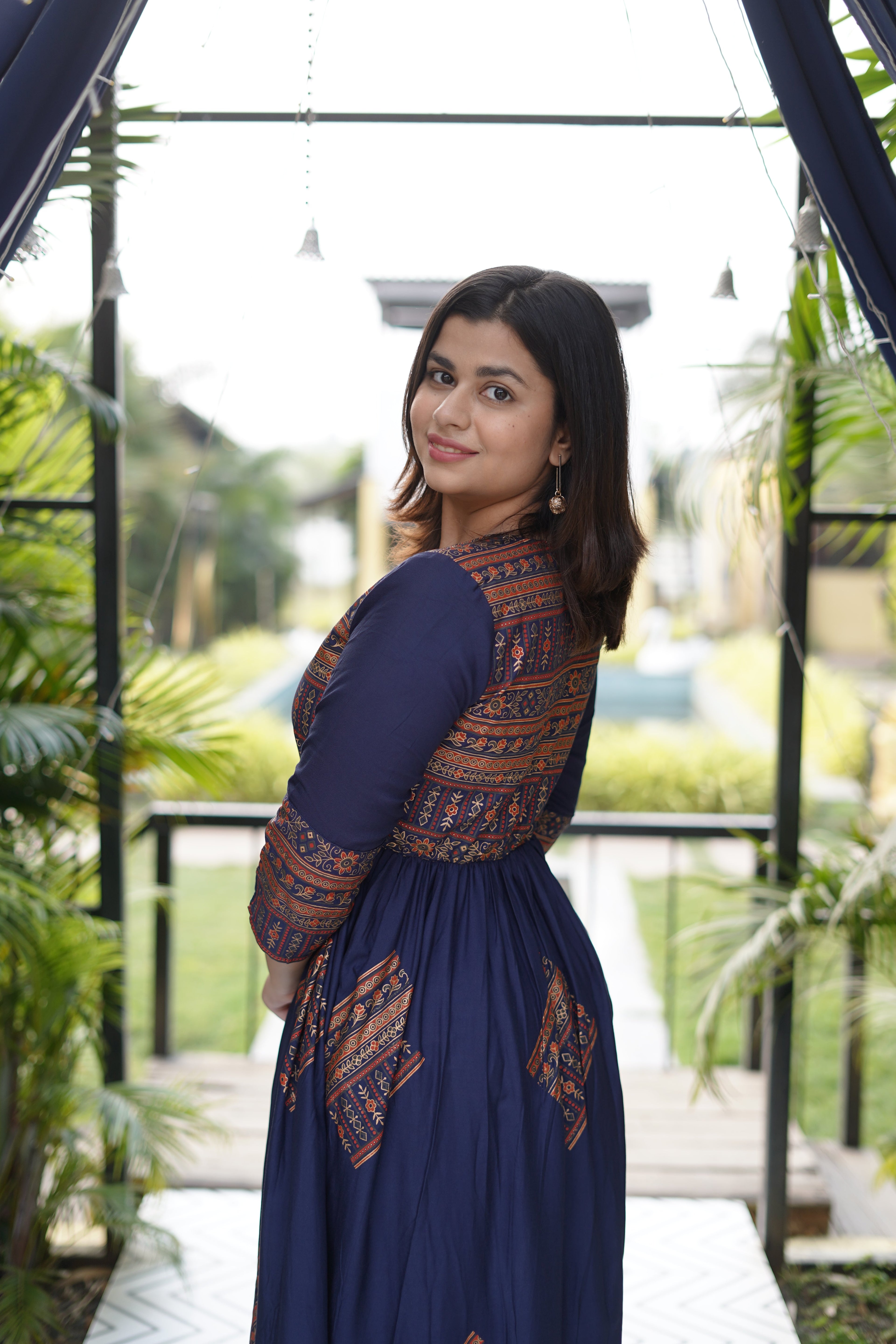 Elegant Gold Printed Blue Maxi Dress