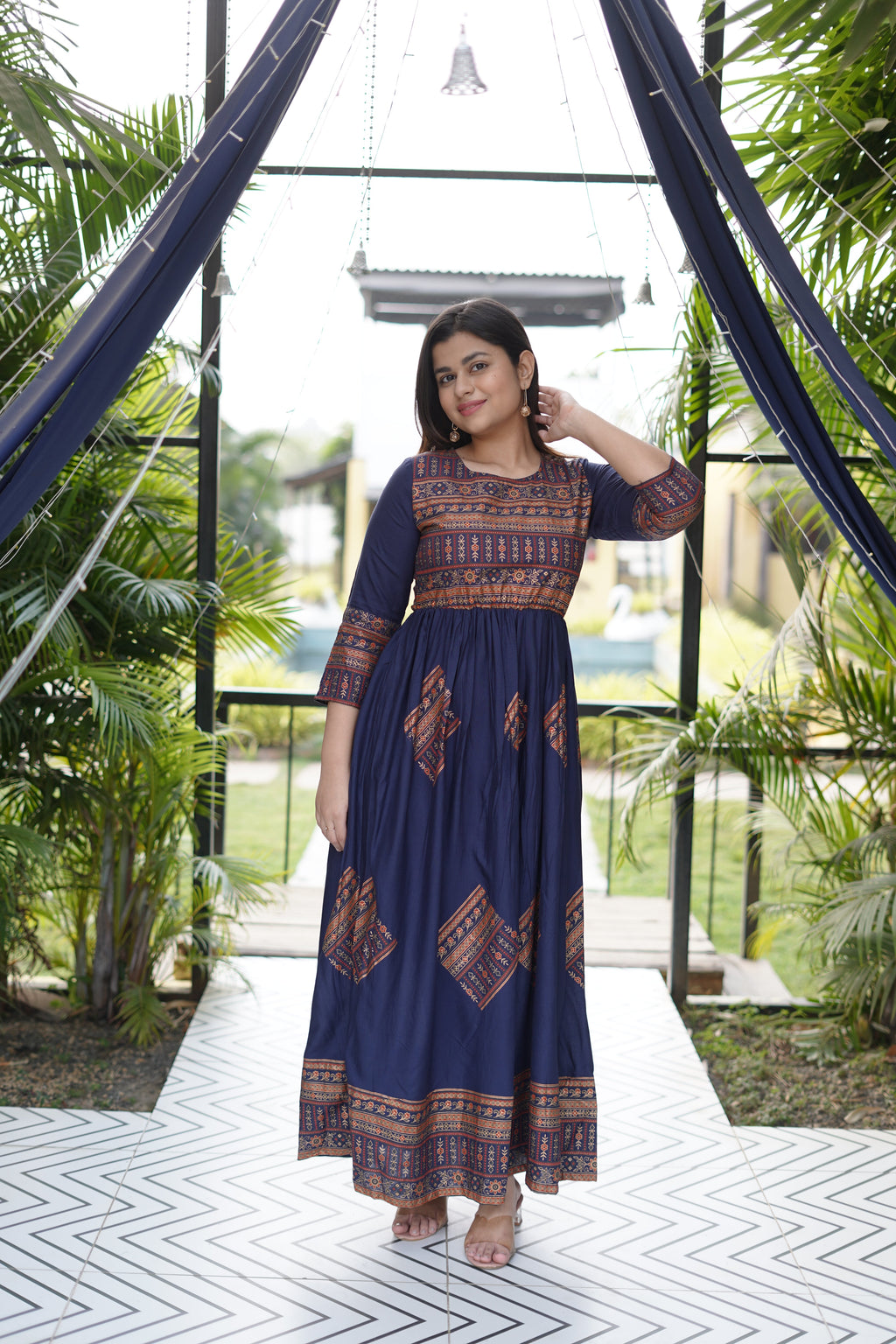 Elegant Gold Printed Blue Maxi Dress