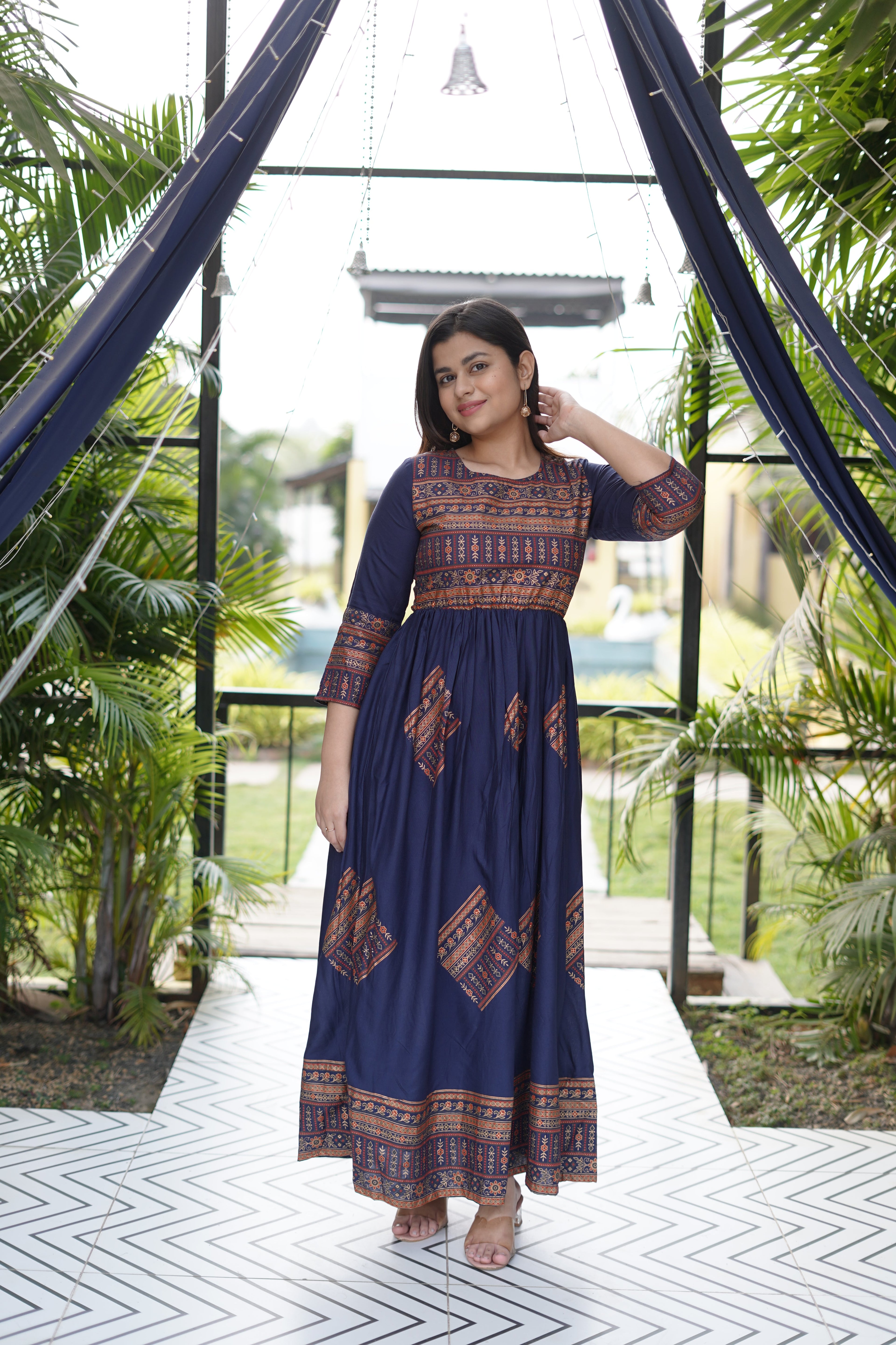 Elegant Gold Printed Blue Maxi Dress