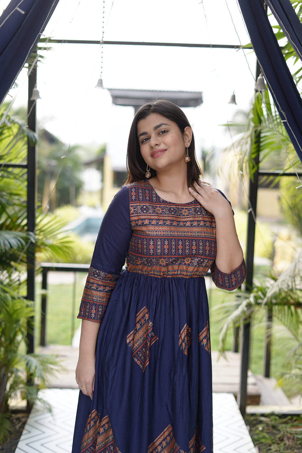 Elegant Gold Printed Blue Maxi Dress