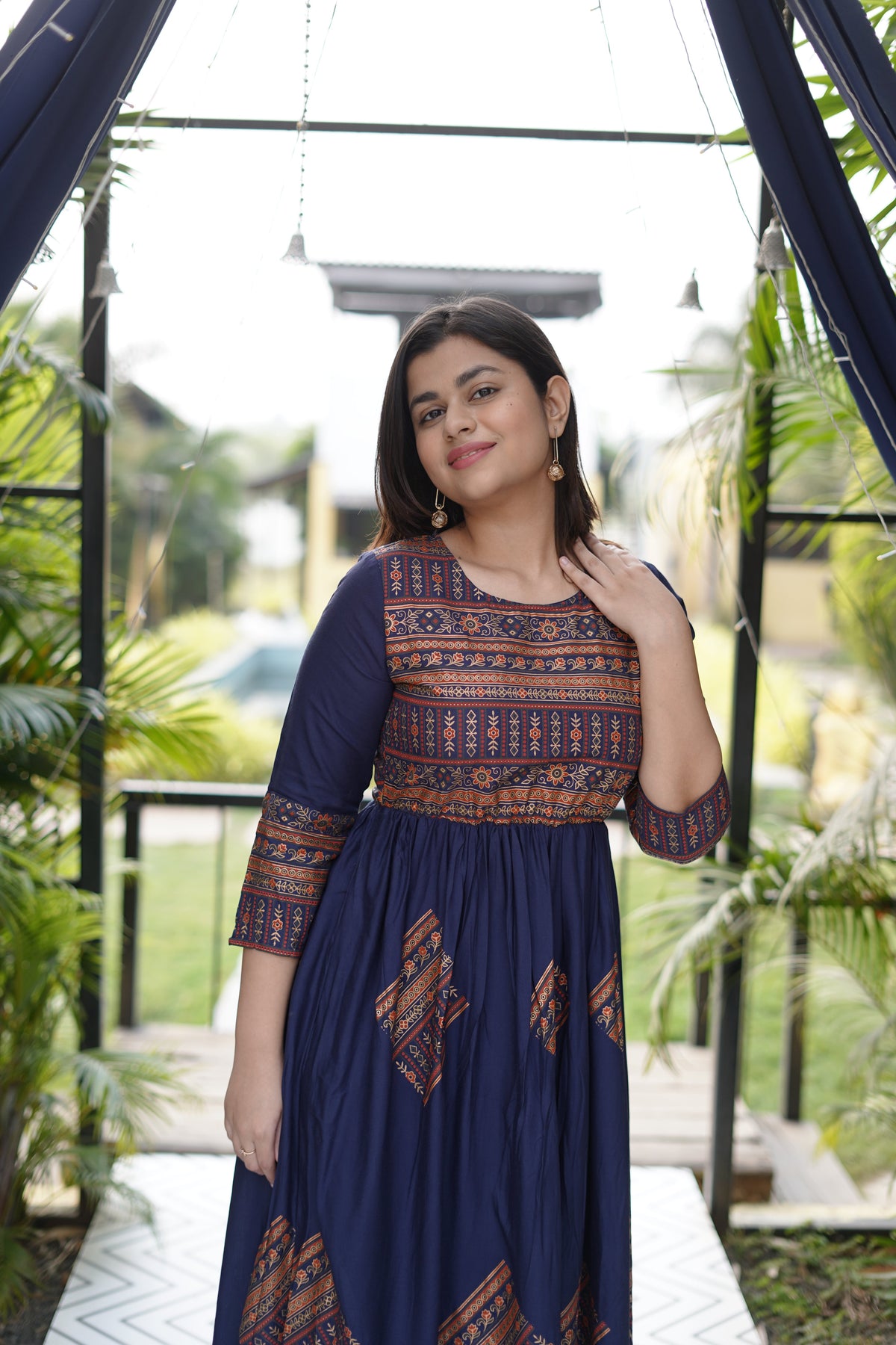 Elegant Gold Printed Blue Maxi Dress