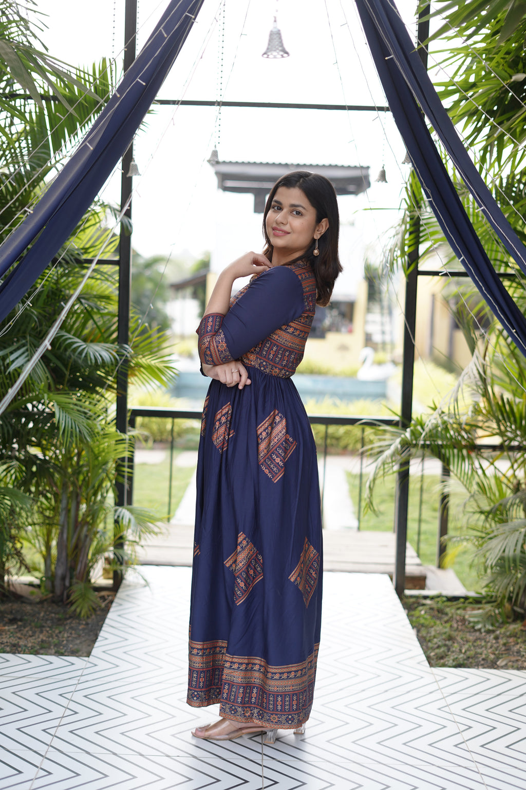Elegant Gold Printed Blue Maxi Dress