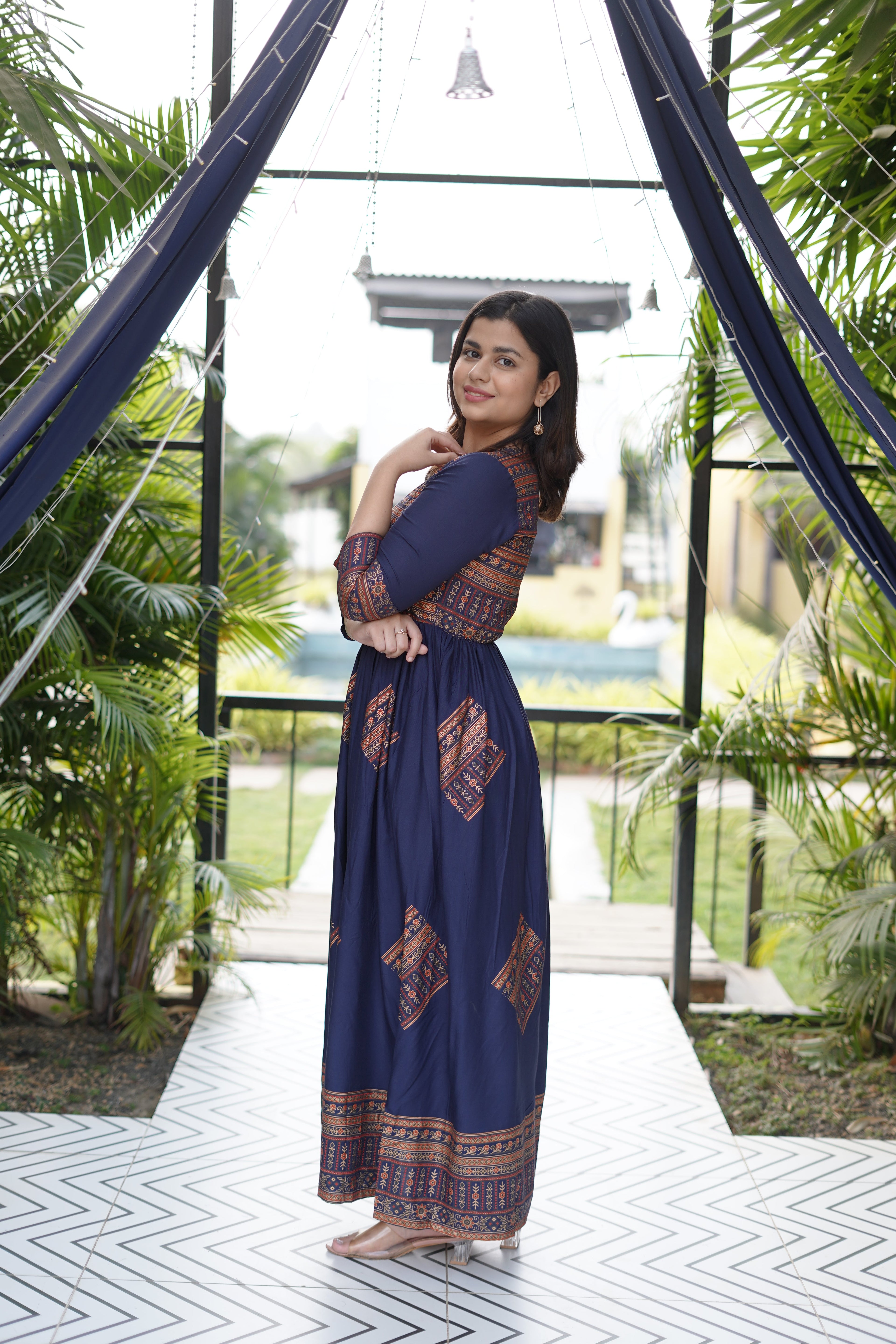 Elegant Gold Printed Blue Maxi Dress