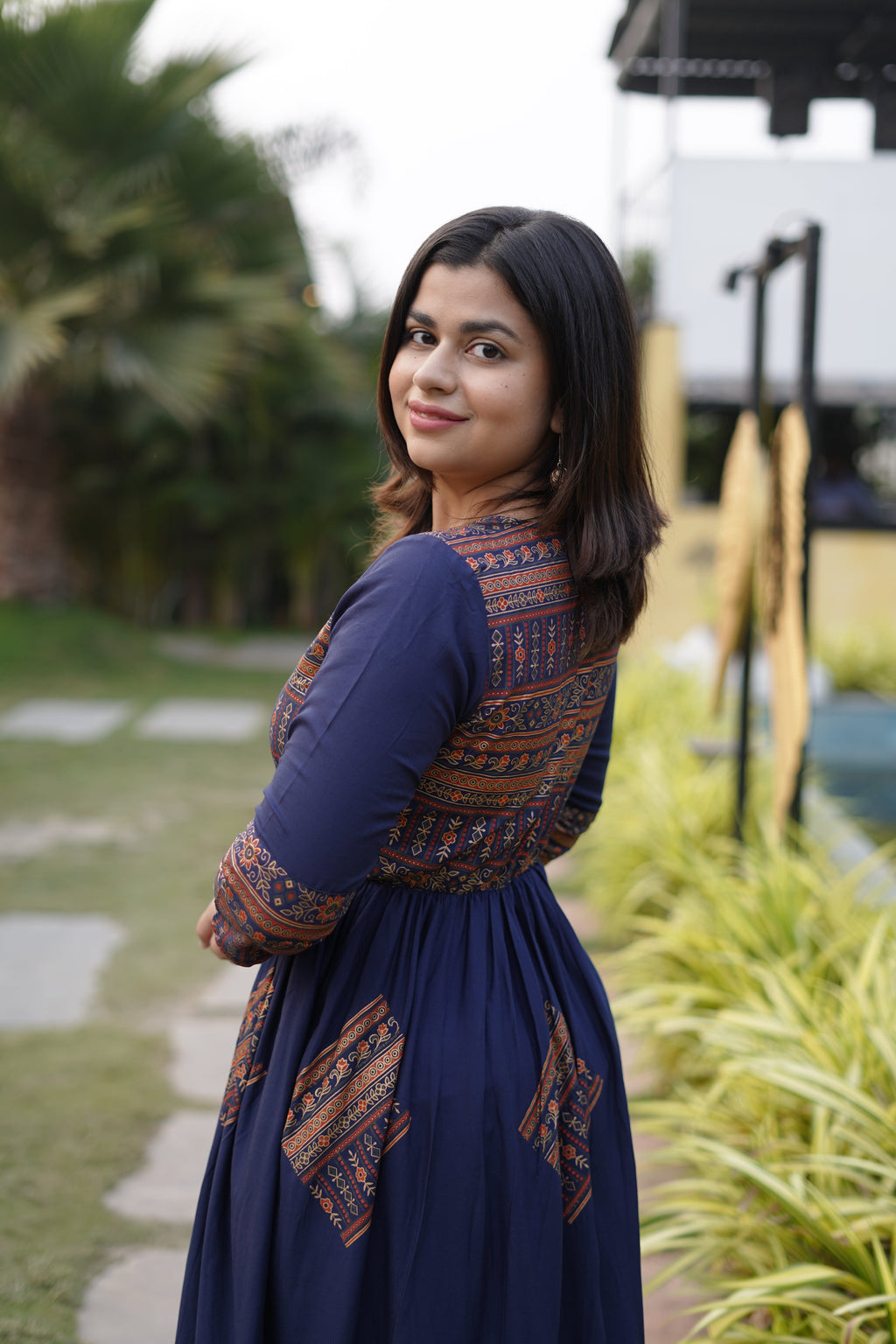 Elegant Gold Printed Blue Maxi Dress