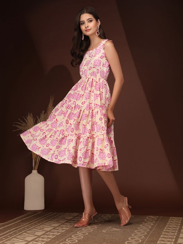 Minimal Pink Floral Cotton Midi Dress