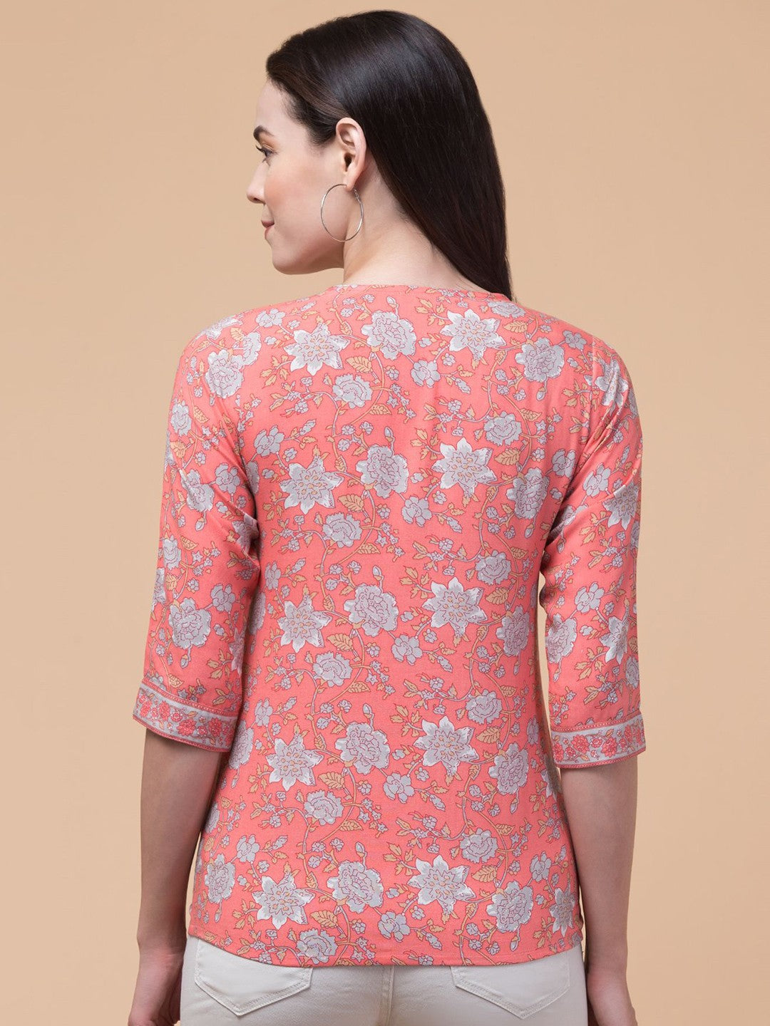 Peach Floral V-neck Top
