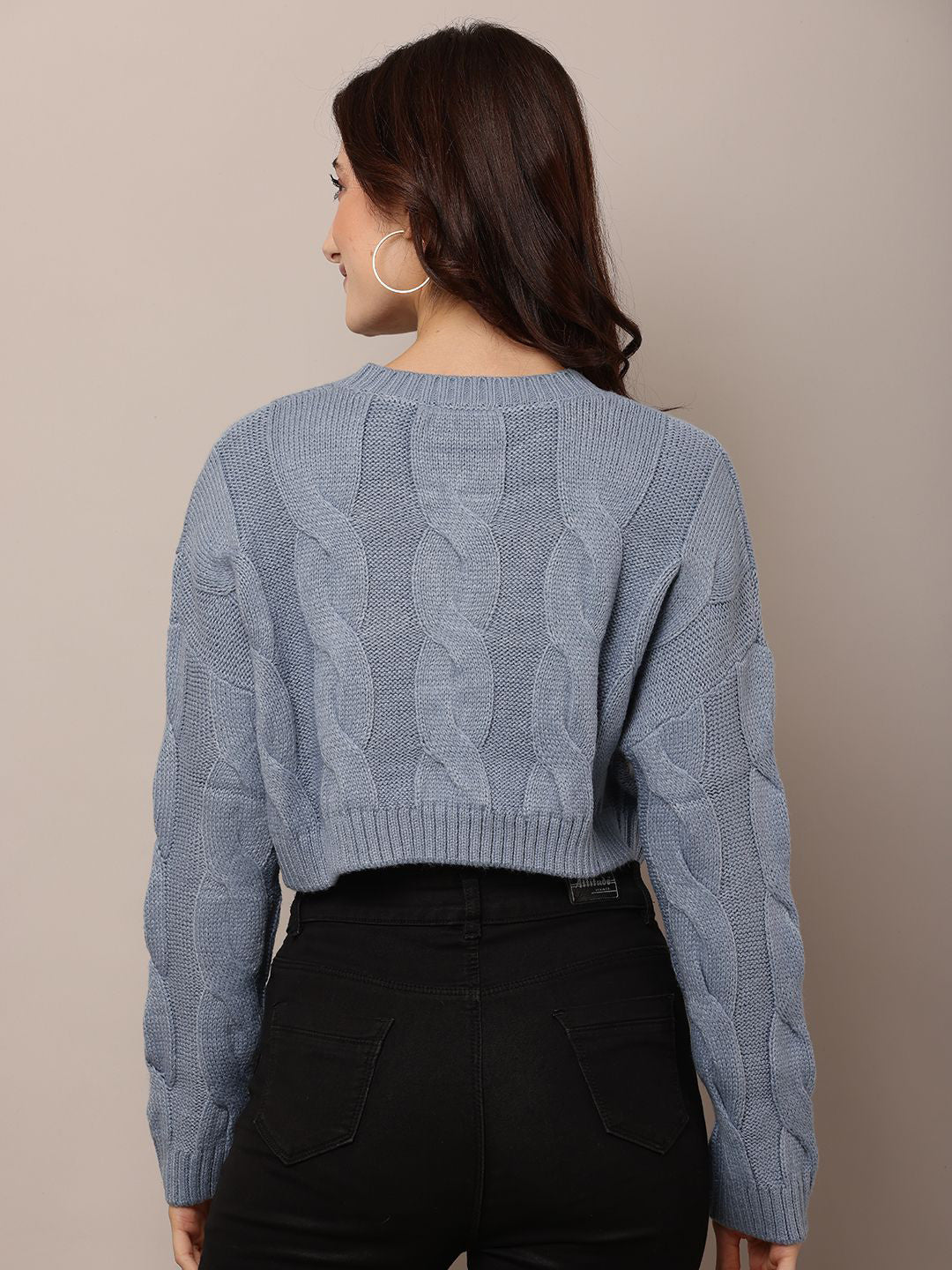 Blue Cozy Round Neck Ribbed Pullover