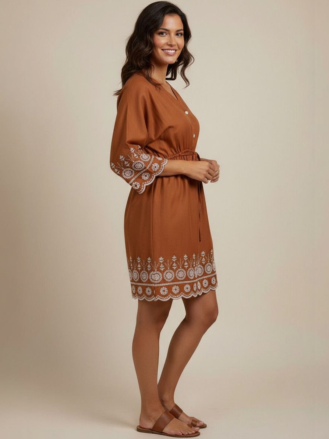 Rust Brown Embroidered A-Line Mini Dress