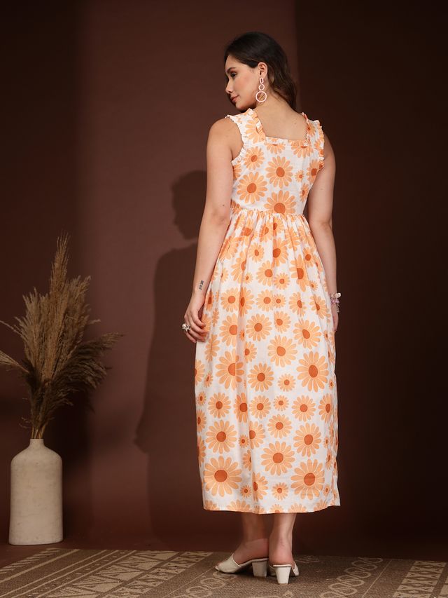 Elegant Orange Floral Fit & Flare Maxi Dress