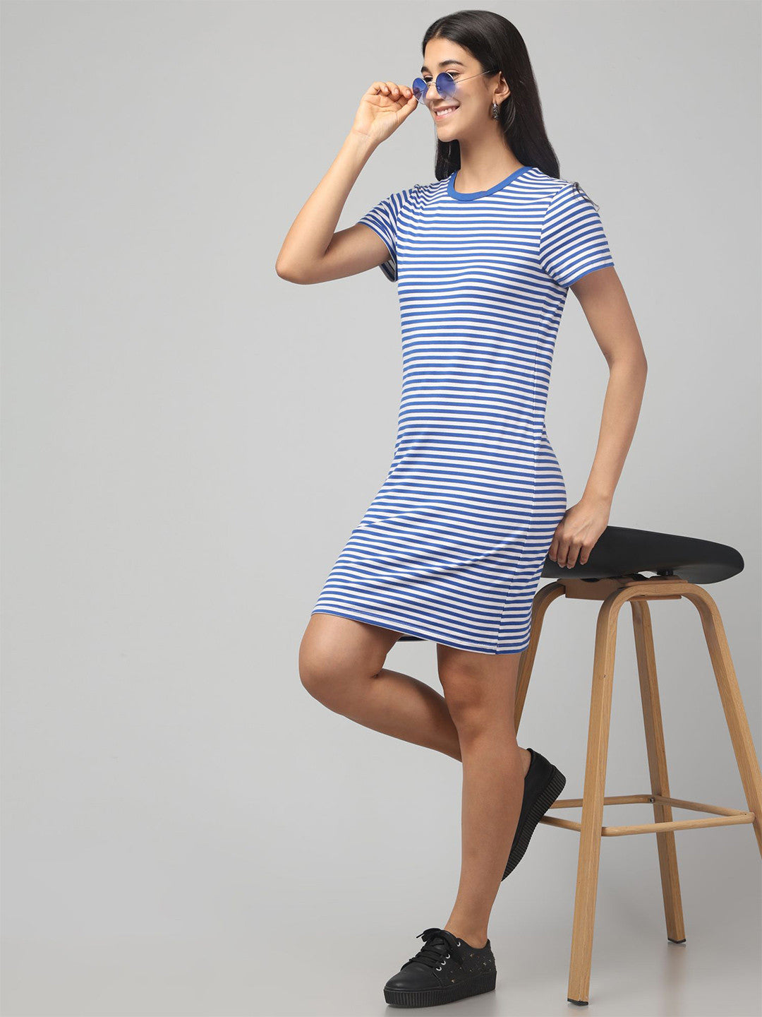 Classic Blue Striped Cotton Stretch T-Shirt Dress