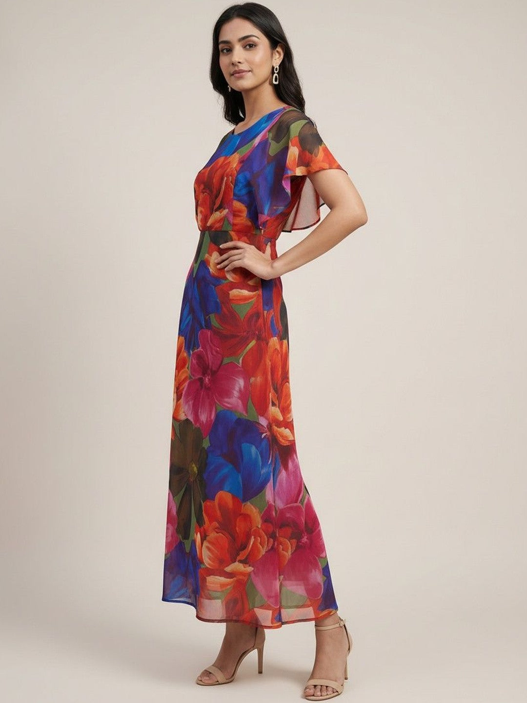 Chic Red Floral Georgette Maxi Dress