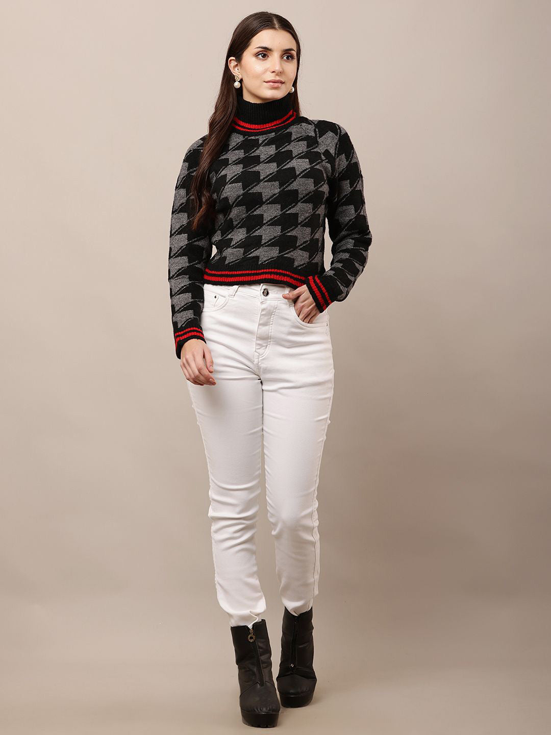 Black Classic High Neck Checked Pullover