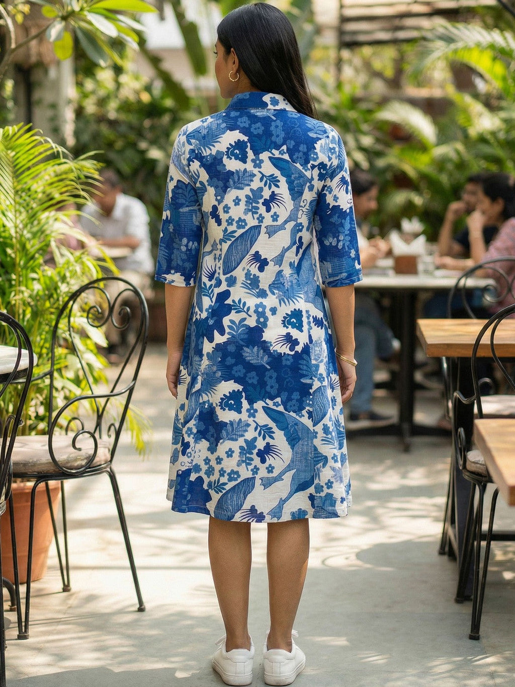 Blue Minimal Tropical Print Shirt Dress