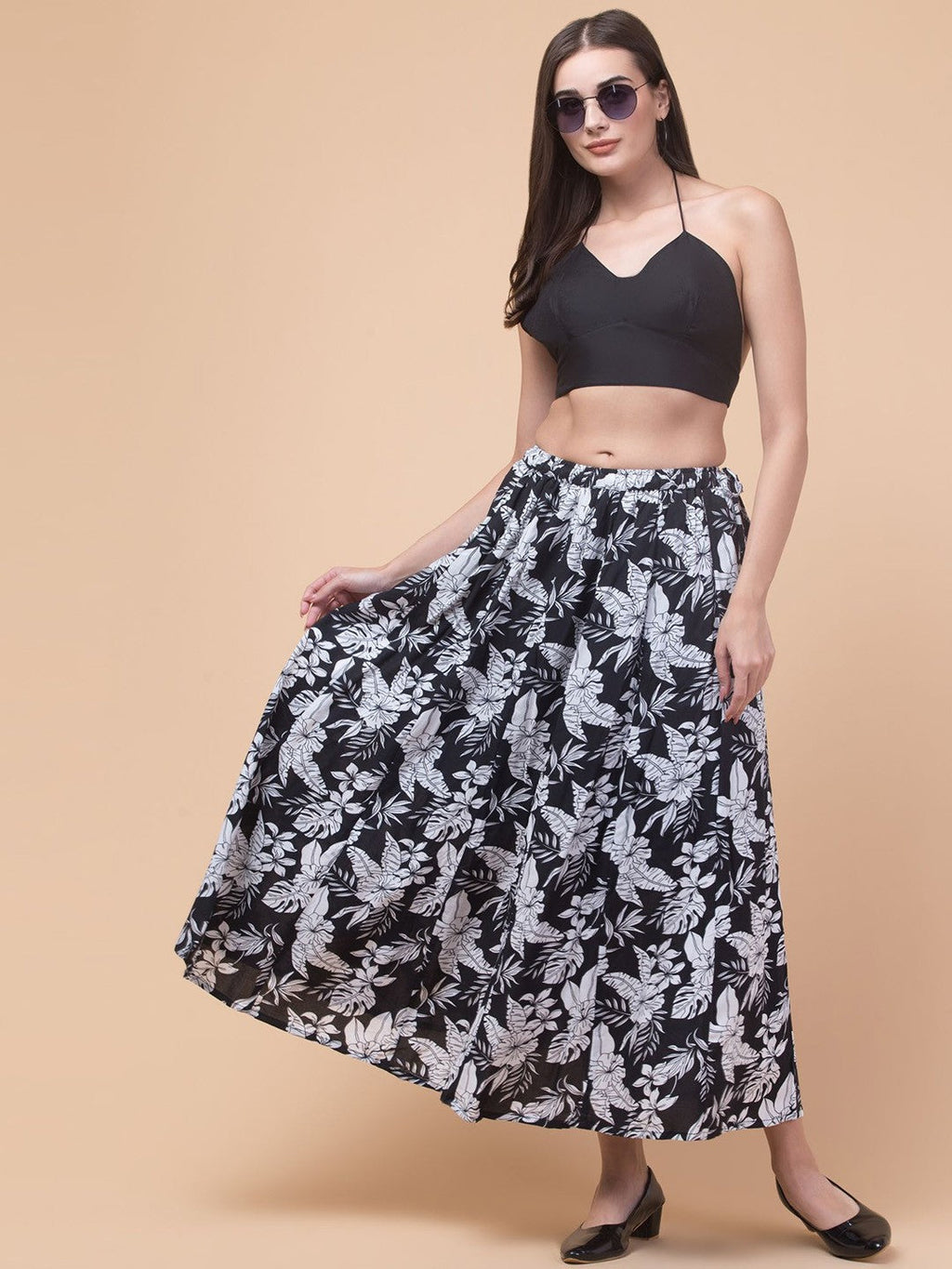 Black Floral Print Maxi Skirt