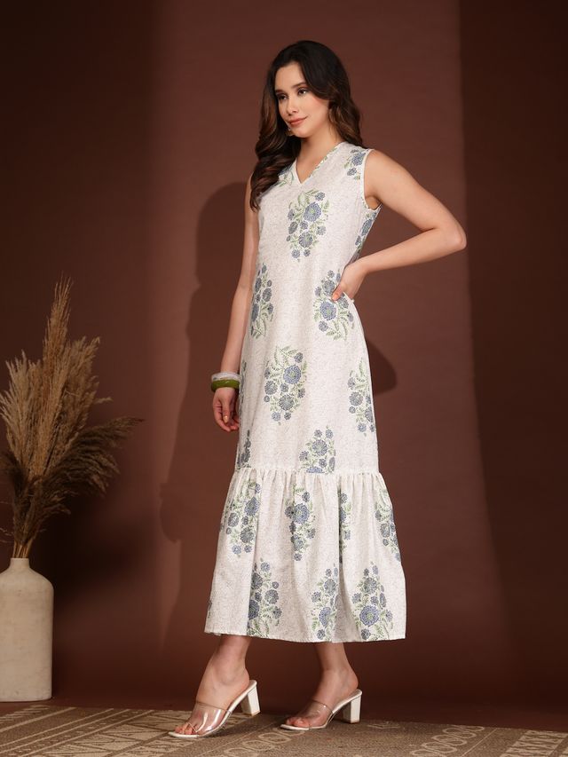 Elegant White Floral Print A-Line Maxi Dress