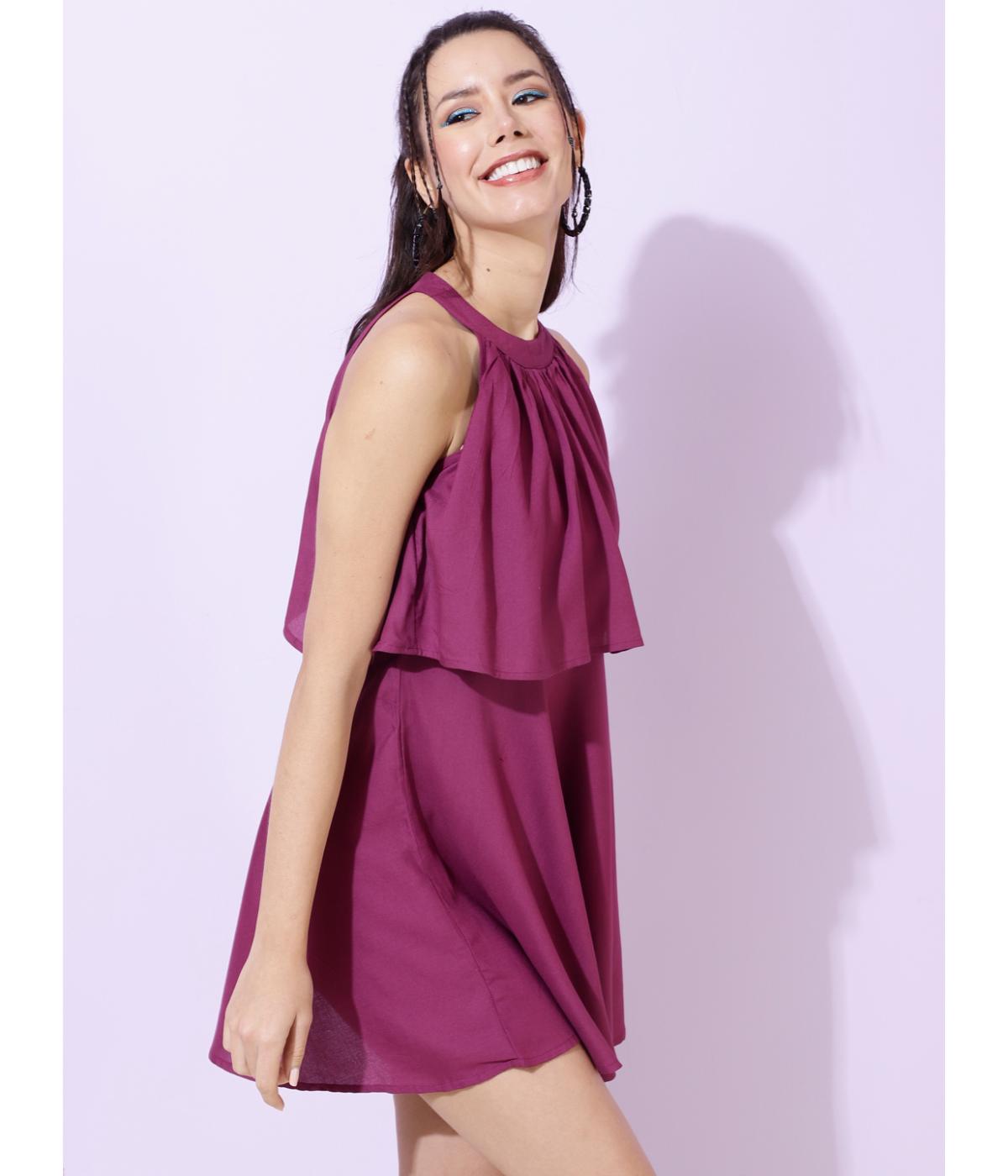 Purple Solid Skater Mini Dress