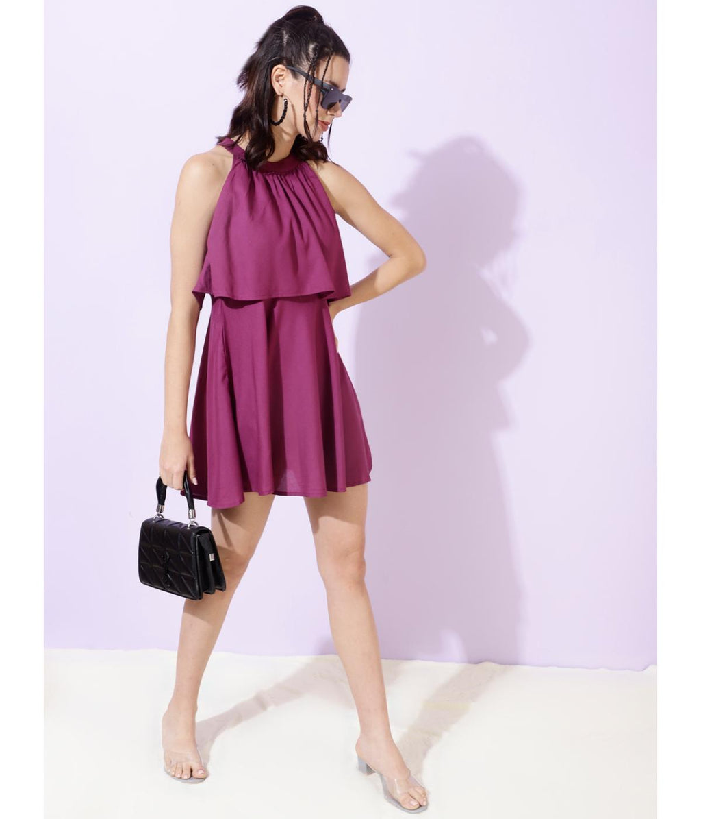 Purple Solid Skater Mini Dress
