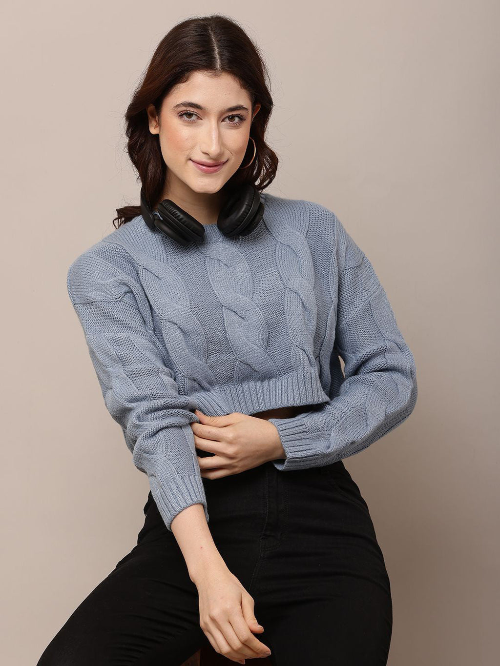 Blue Cozy Round Neck Ribbed Pullover