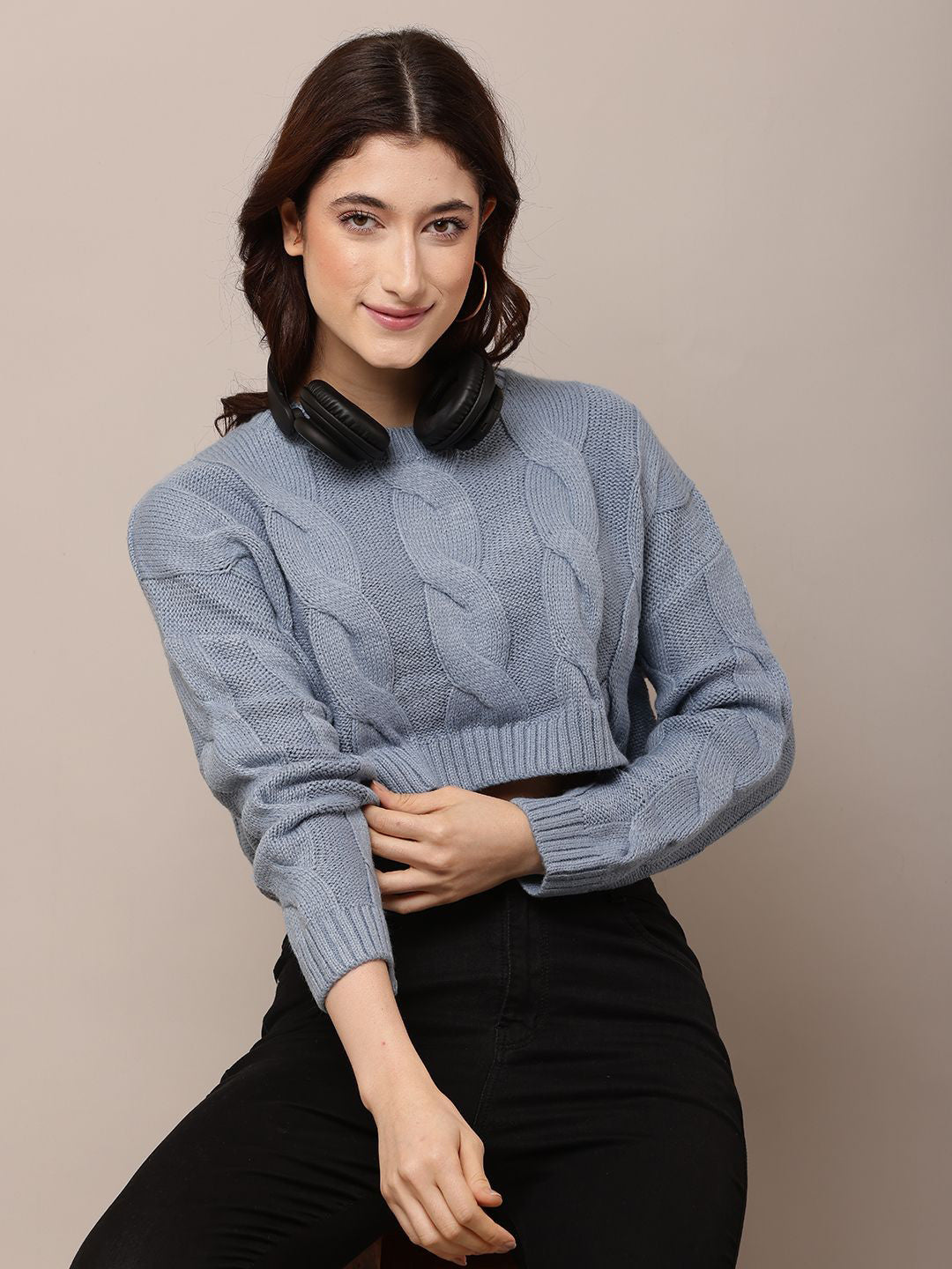 Blue Cozy Round Neck Ribbed Pullover