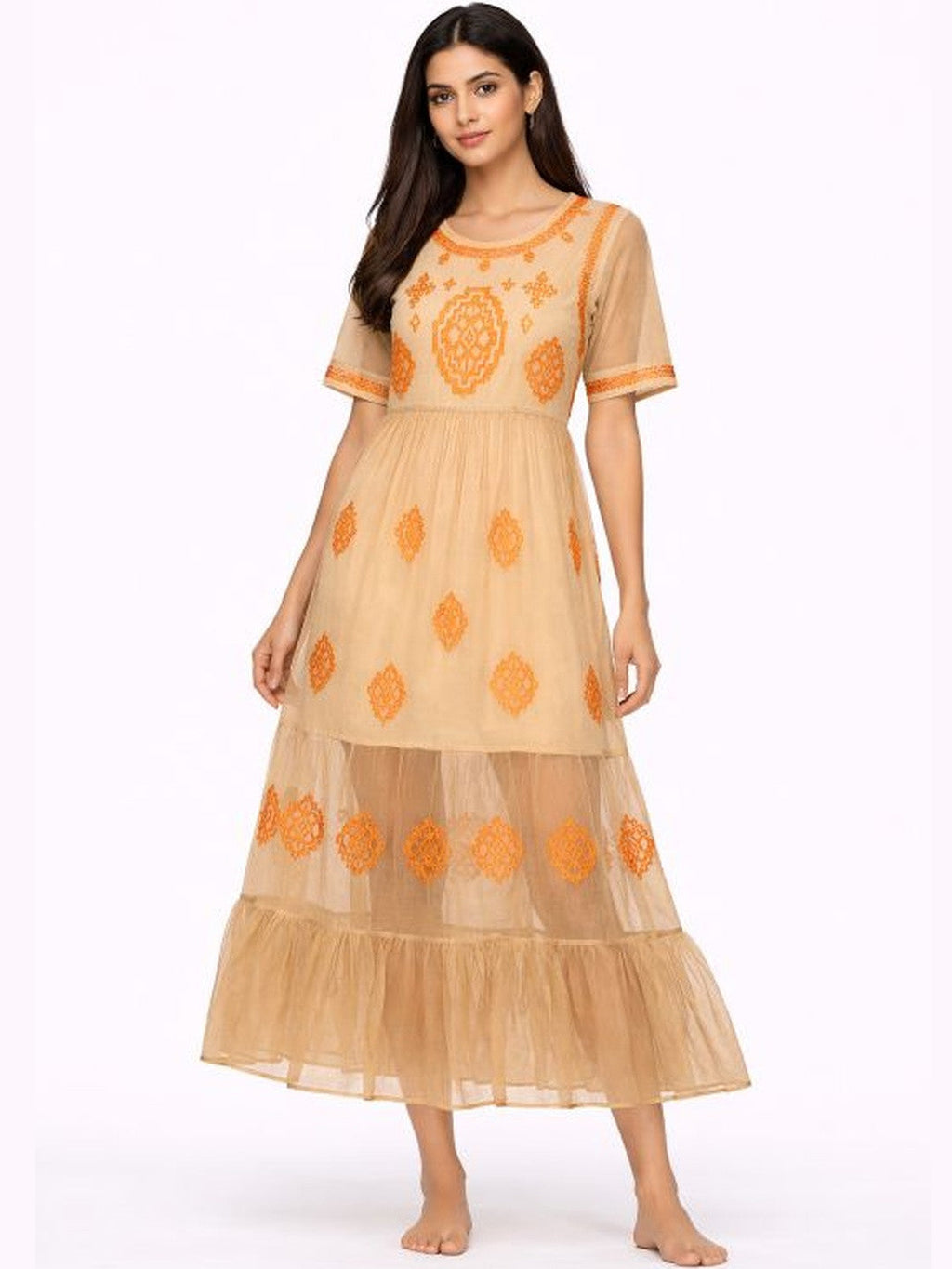 Mocha Bloom Embroidered Maxi Dress