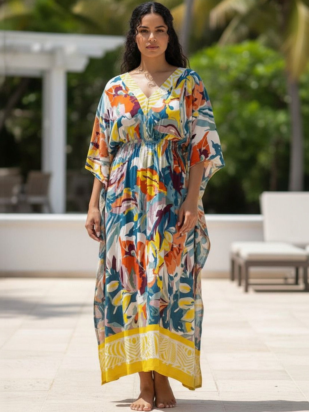 Yellow Abstract Print Kaftan Maxi Dress