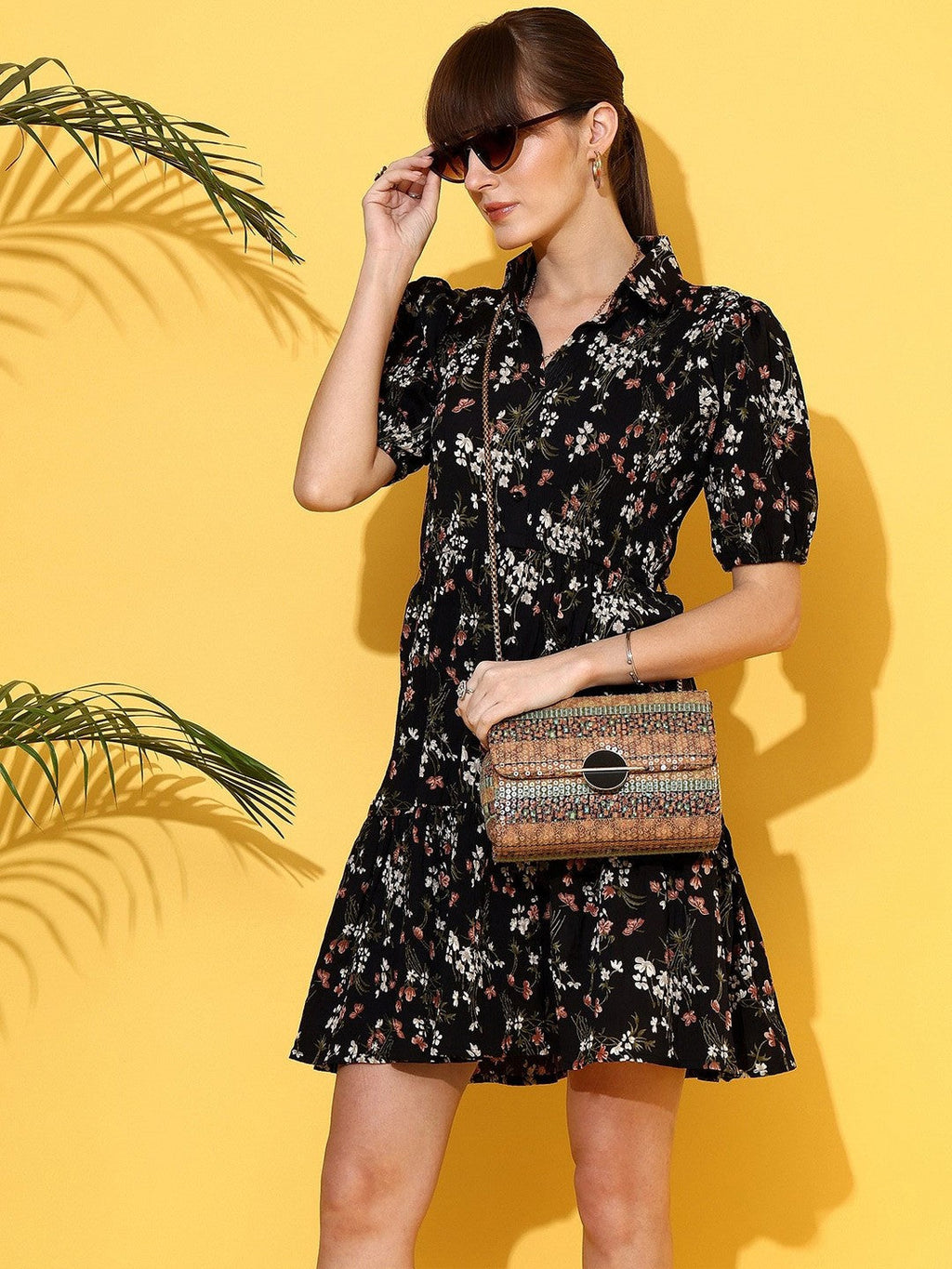 Black Bloom Fit and Flare Mini Dress